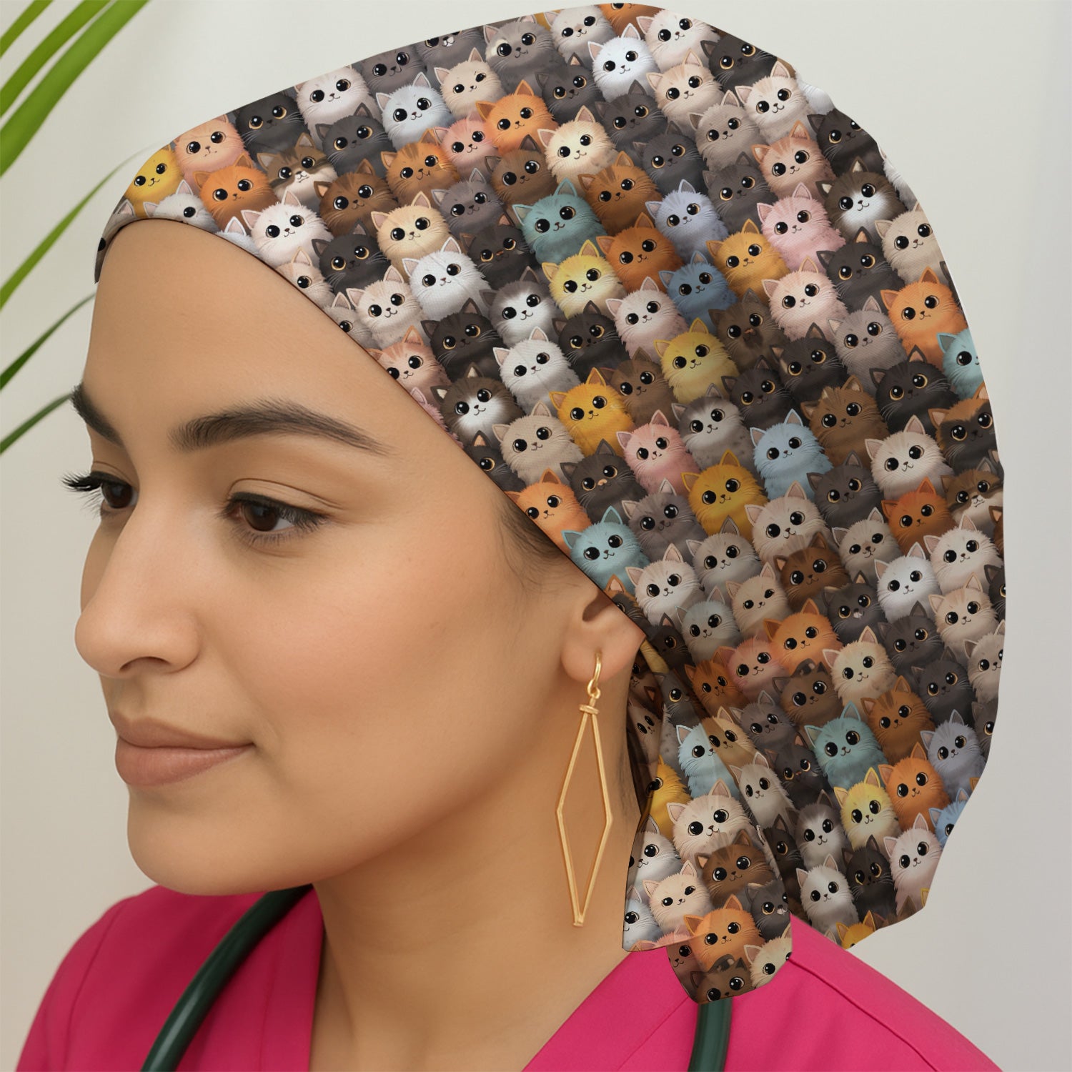 Cute Colorful Cat Pattern Print Cap, Healthcare Work Caps for Women