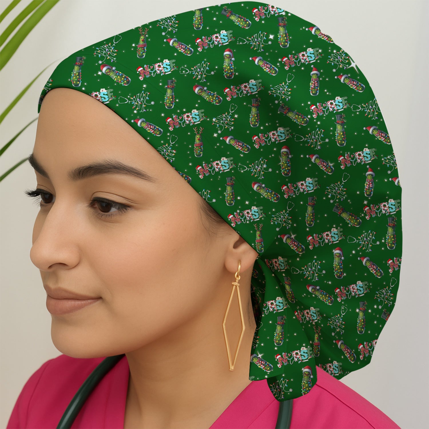 Christmas Nurse Scrub Cap with Buttons - Funny Pickle Holiday Surgical Hat for Women - Medical Bouffant Cap Long Hair