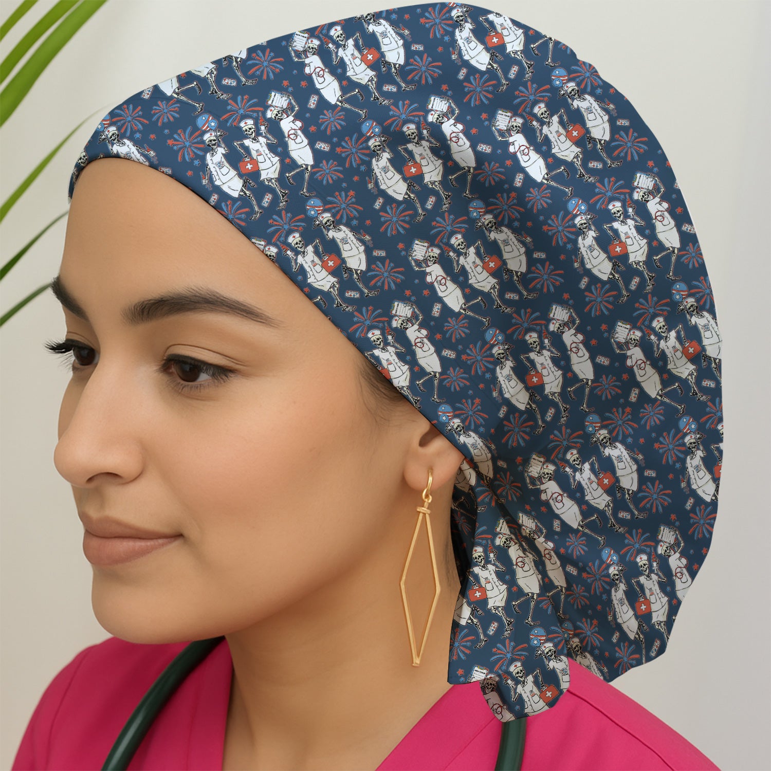 Funny Skeleton Nurse Patriotic Print Cap, Bouffant Scrub Caps for Women