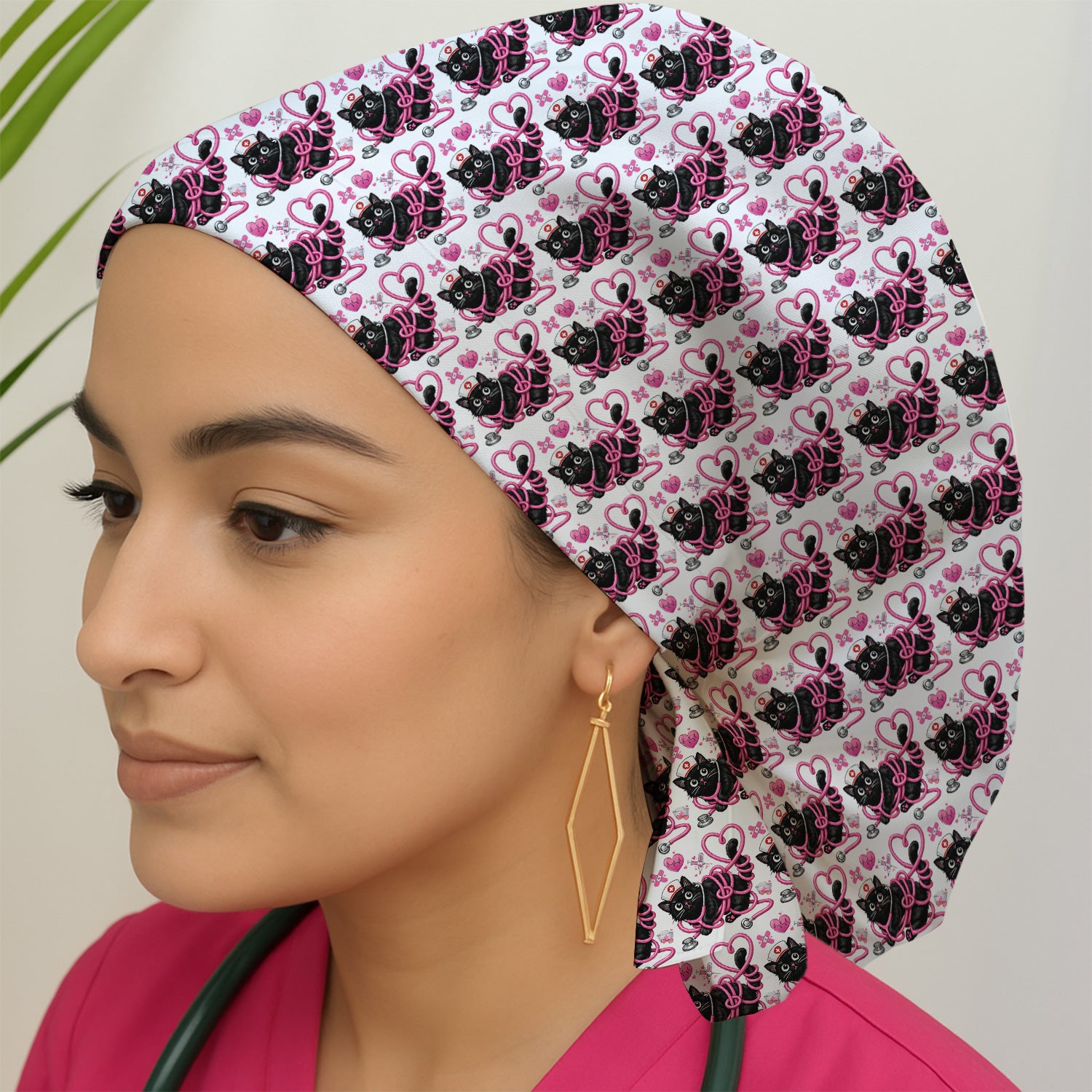 Valentine Cute Cat Nurse Heart Print Scrub Cap, Surgical Caps for Doctors