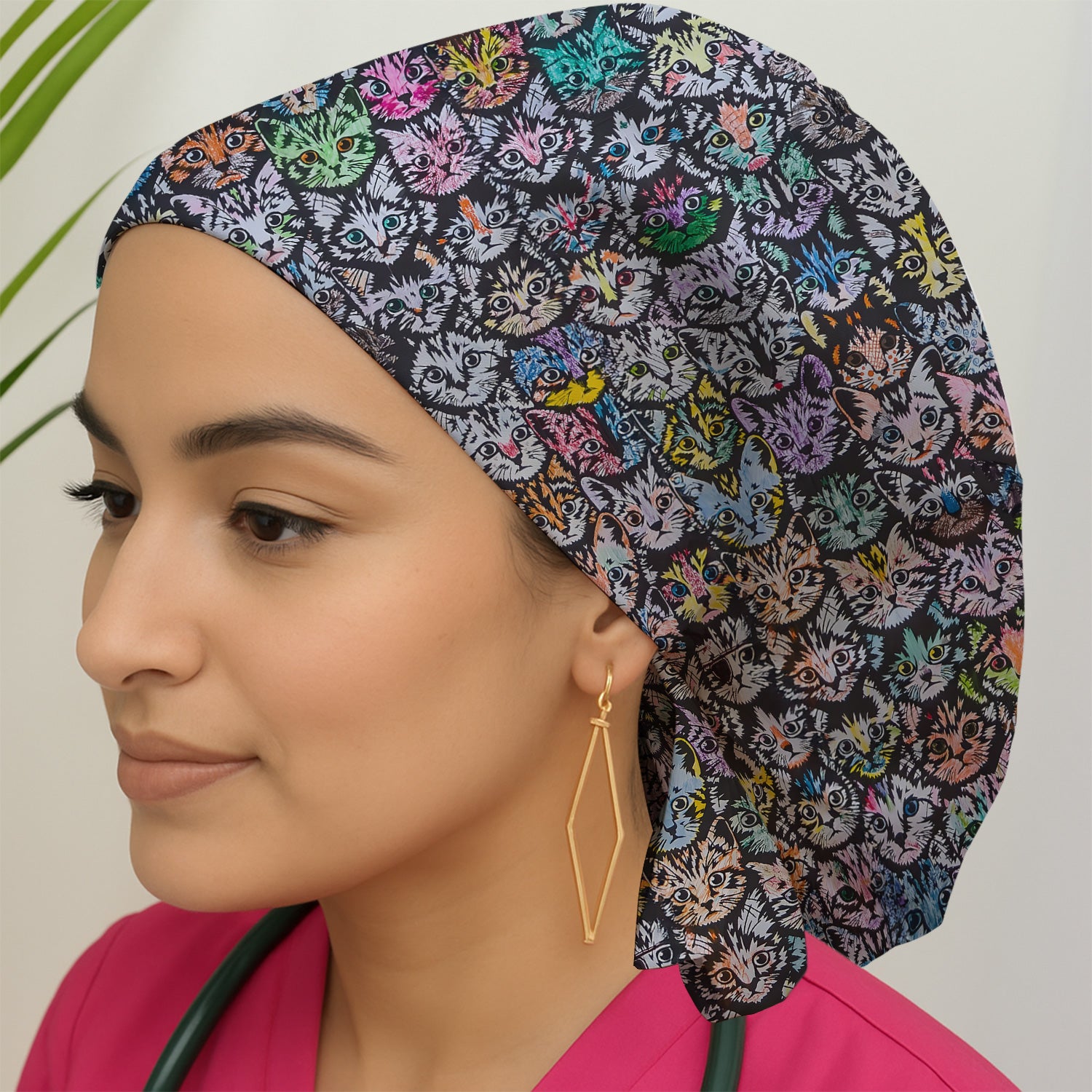 Colorful Cat Faces Pattern Scrub Cap, Breathable Fabrics Caps Uniform