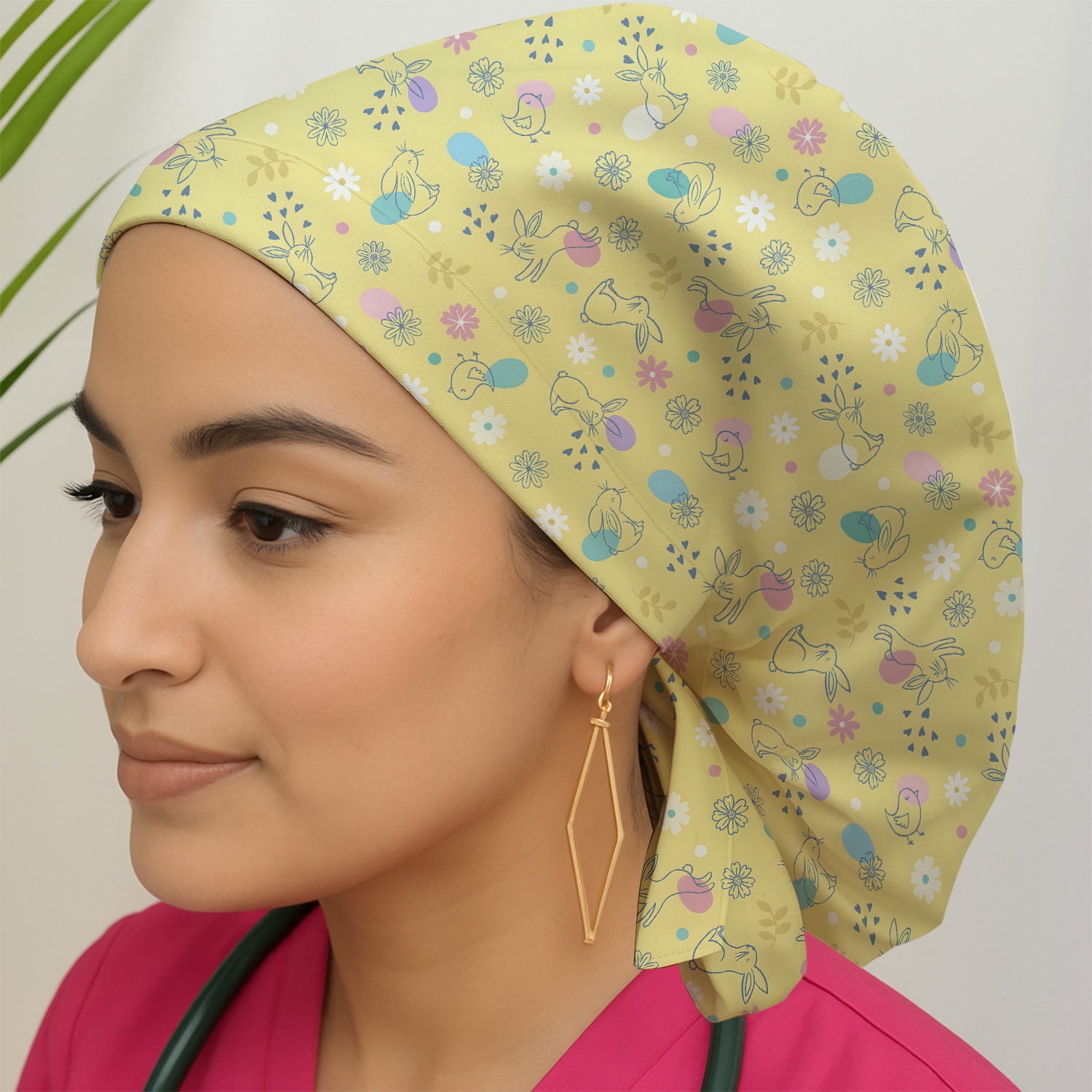 Whimsical Easter Bunny Eggs Pattern Cap, Bouffant Scrub Caps for Women