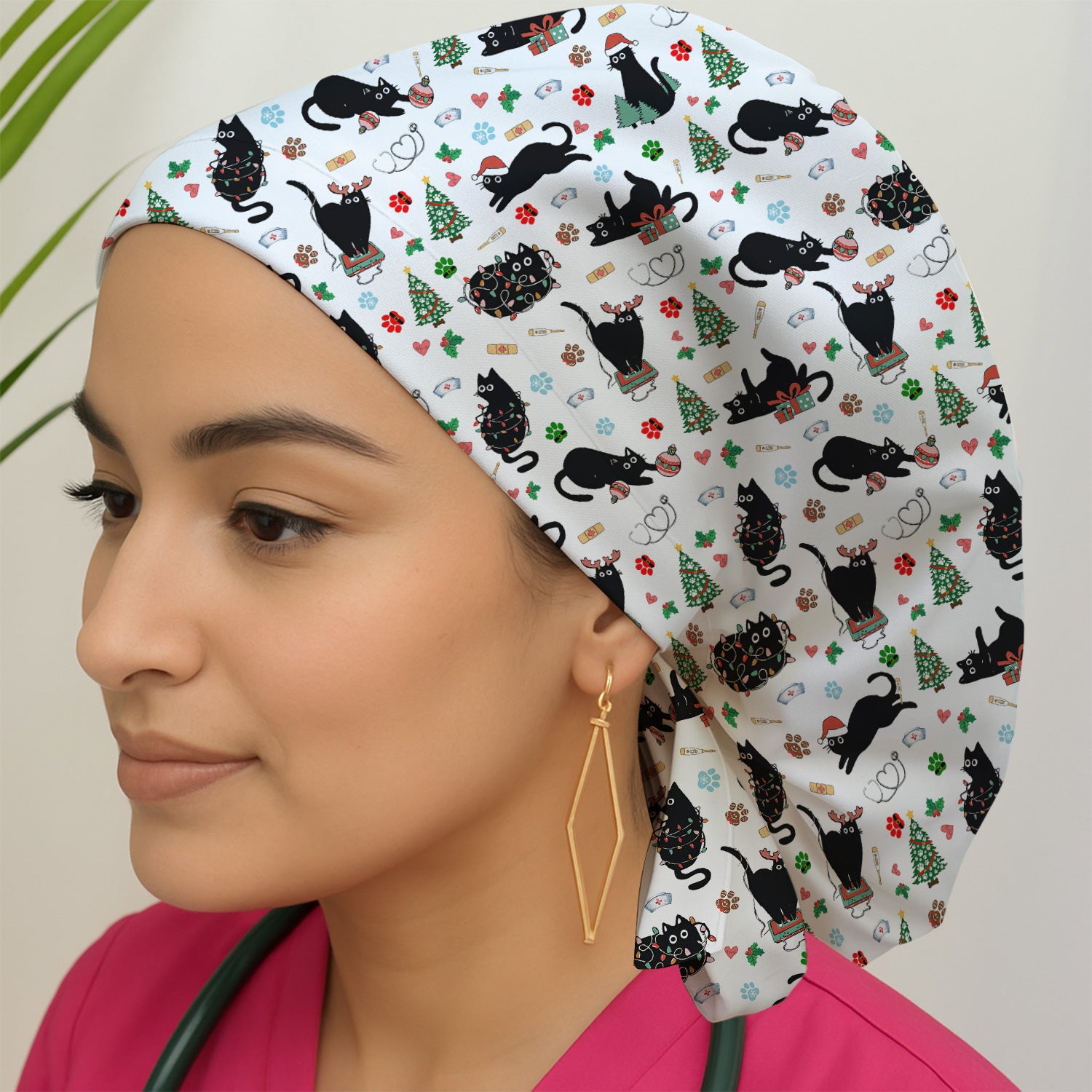 Black Cat Christmas Nurse Scrub Cap, Festive Kitty Medical Uniform for Women