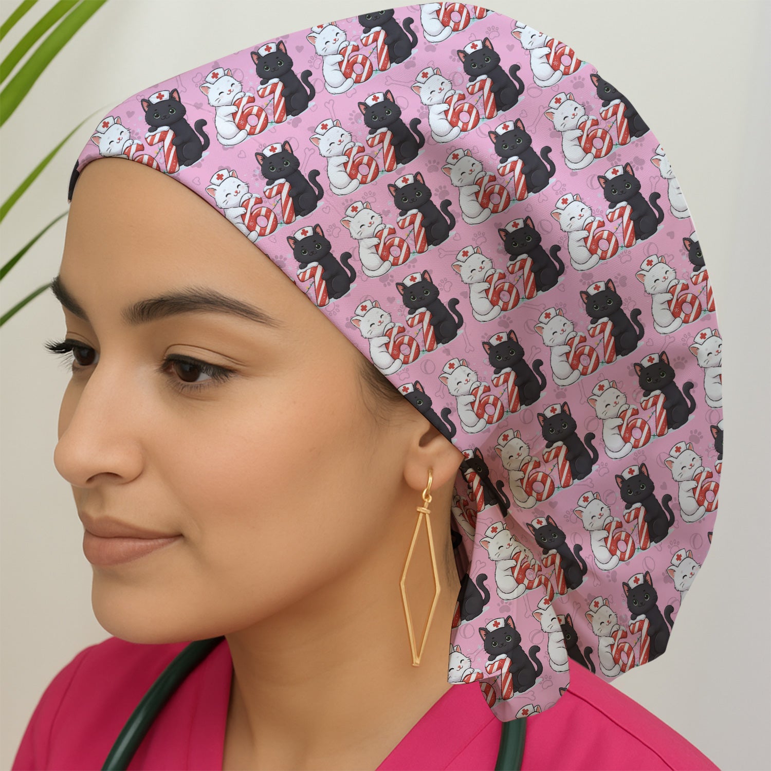 Xmas Cat Pattern Scrub Cap, Christmas Nurse Six Seven With Cat Scrub Hat, Breathable Fabrics Nursing Uniform