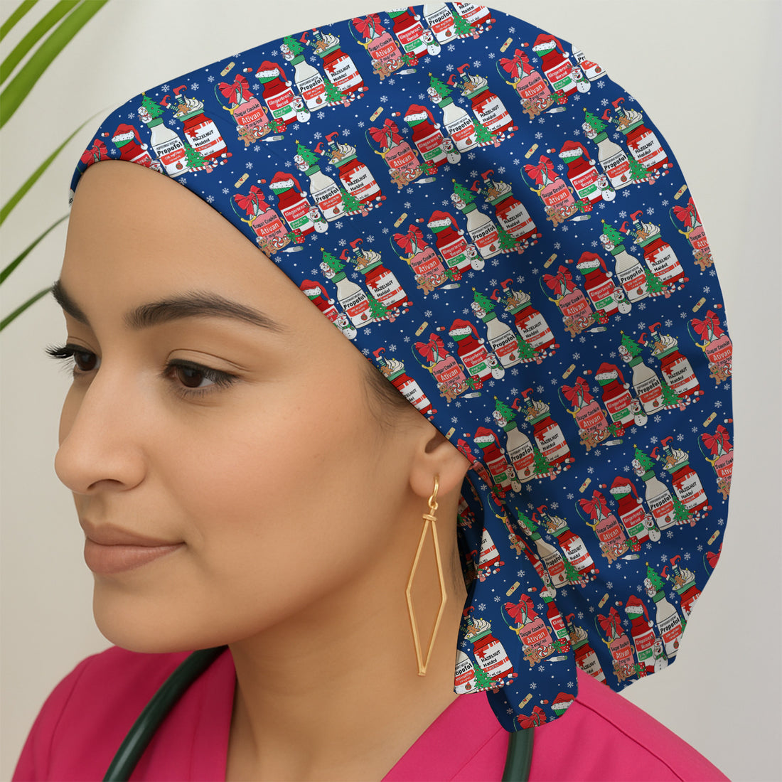 Funny Christmas Medication Scrub Cap – Festive Holiday Pharma Bottles Pattern – Playful Medical Uniform for Nurses, Pharmacists & Healthcare Workers