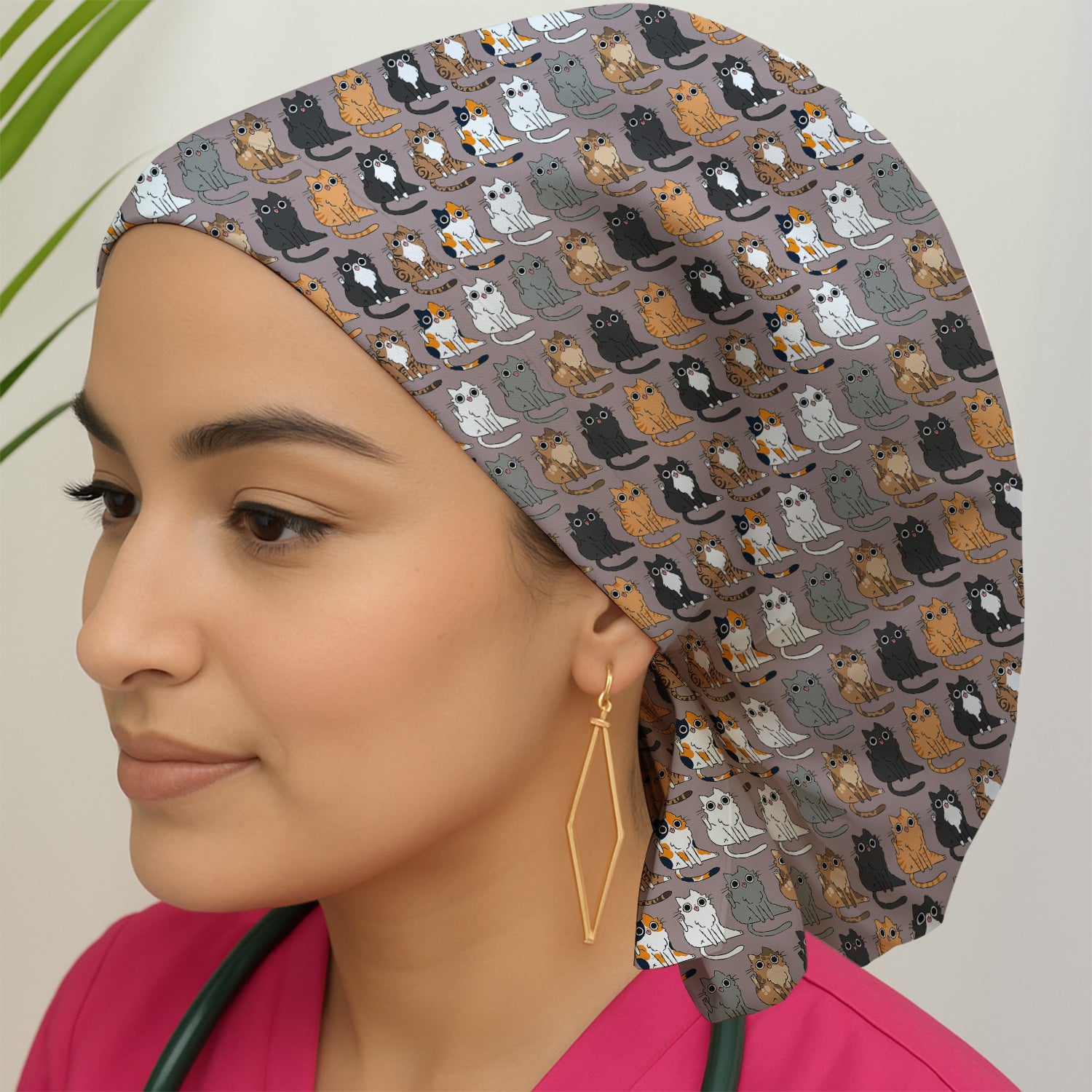 Cute Cartoon Cat Pattern Scrub Cap, Bouffant Scrub Caps for Women