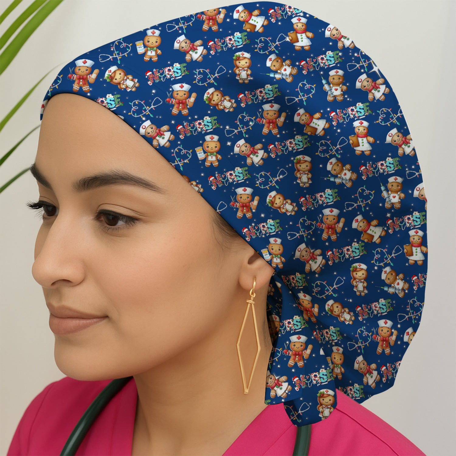 Nurse Scrub Cap with Buttons for Women - Christmas Surgical Hats Cute Gingerbread Design - Medical Bouffant Cap Long Hair