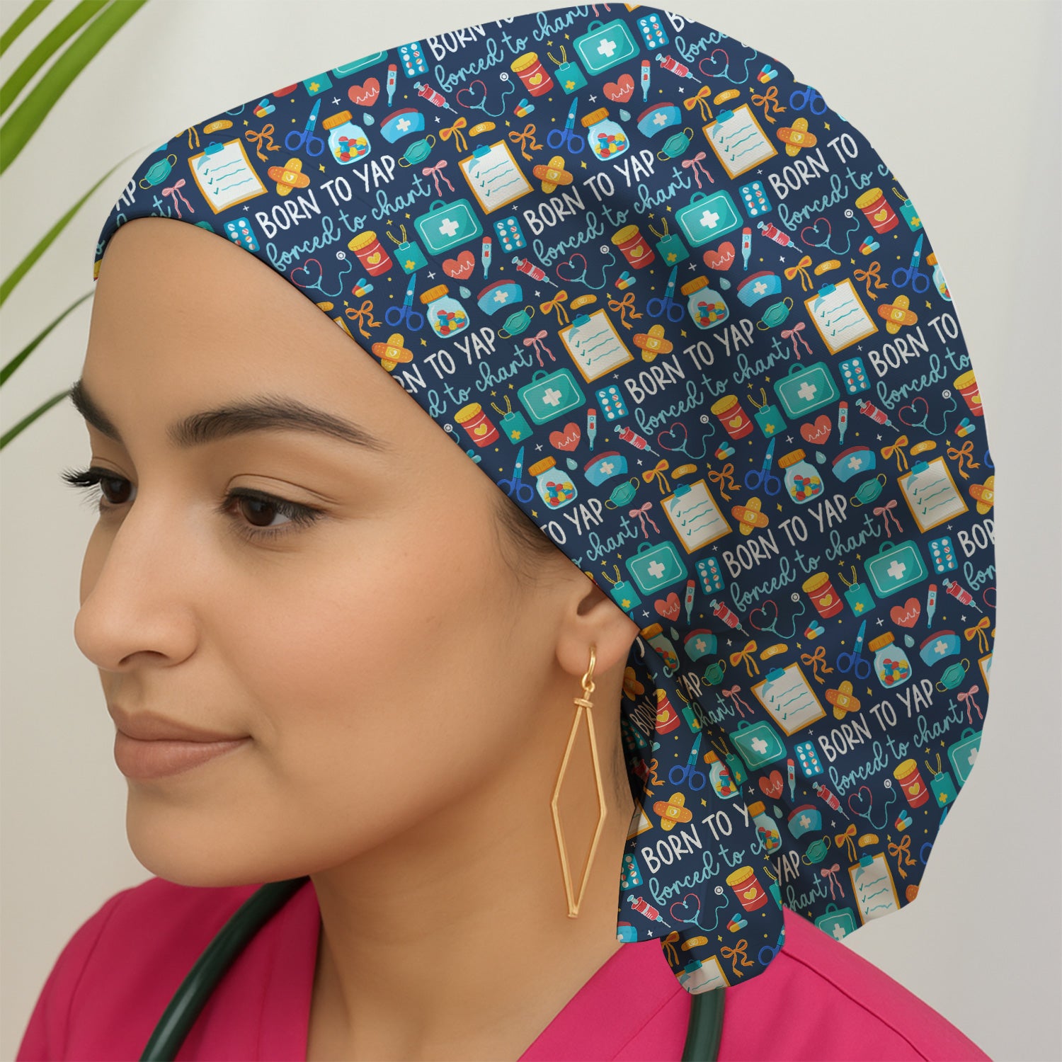 Born To Yap Medical Tools Pattern Cap,Bouffant Scrub Caps for Women