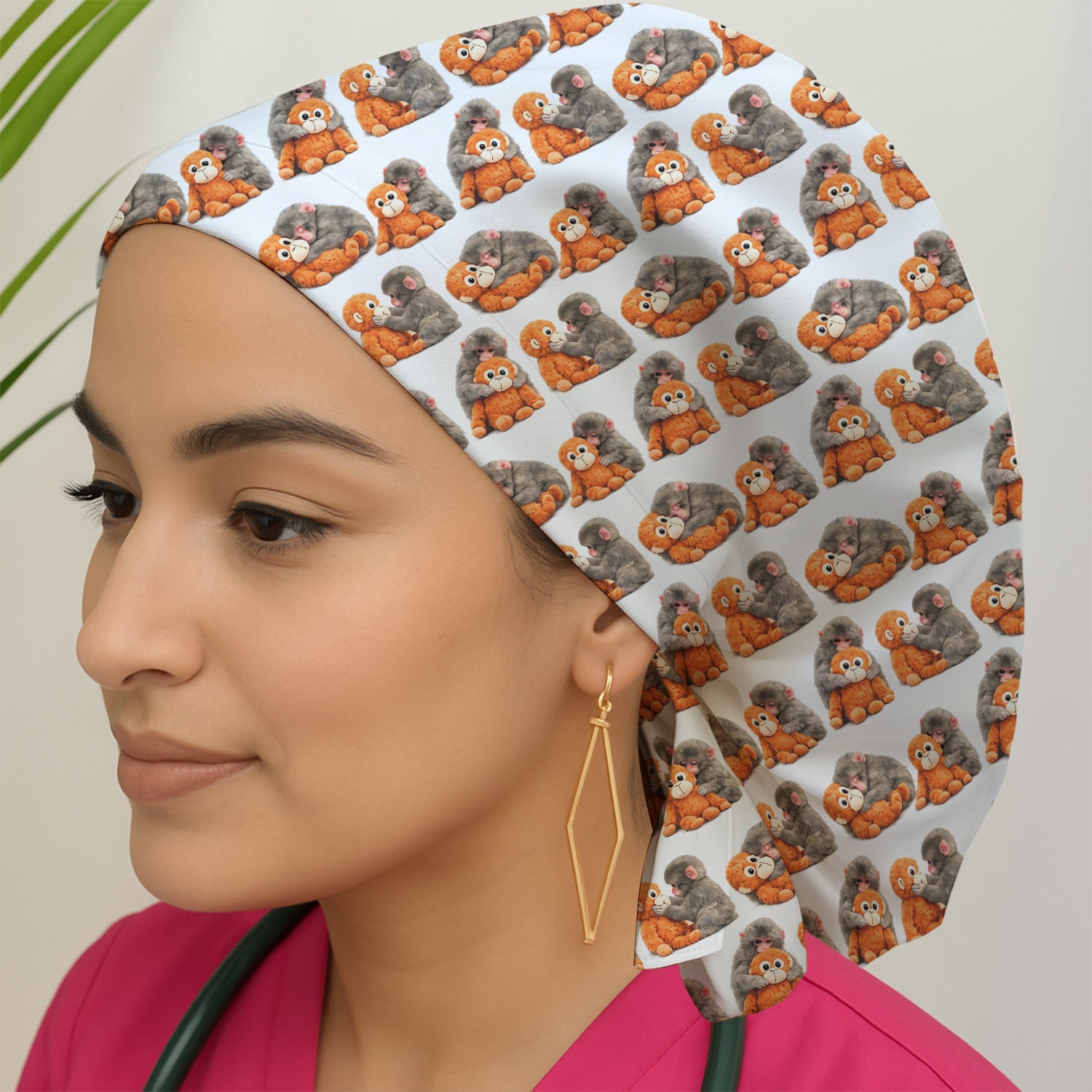 Cute Baby Monkey Plush Toy Animal Pattern Print Cap, Adjustable Nurse Surgical Cap