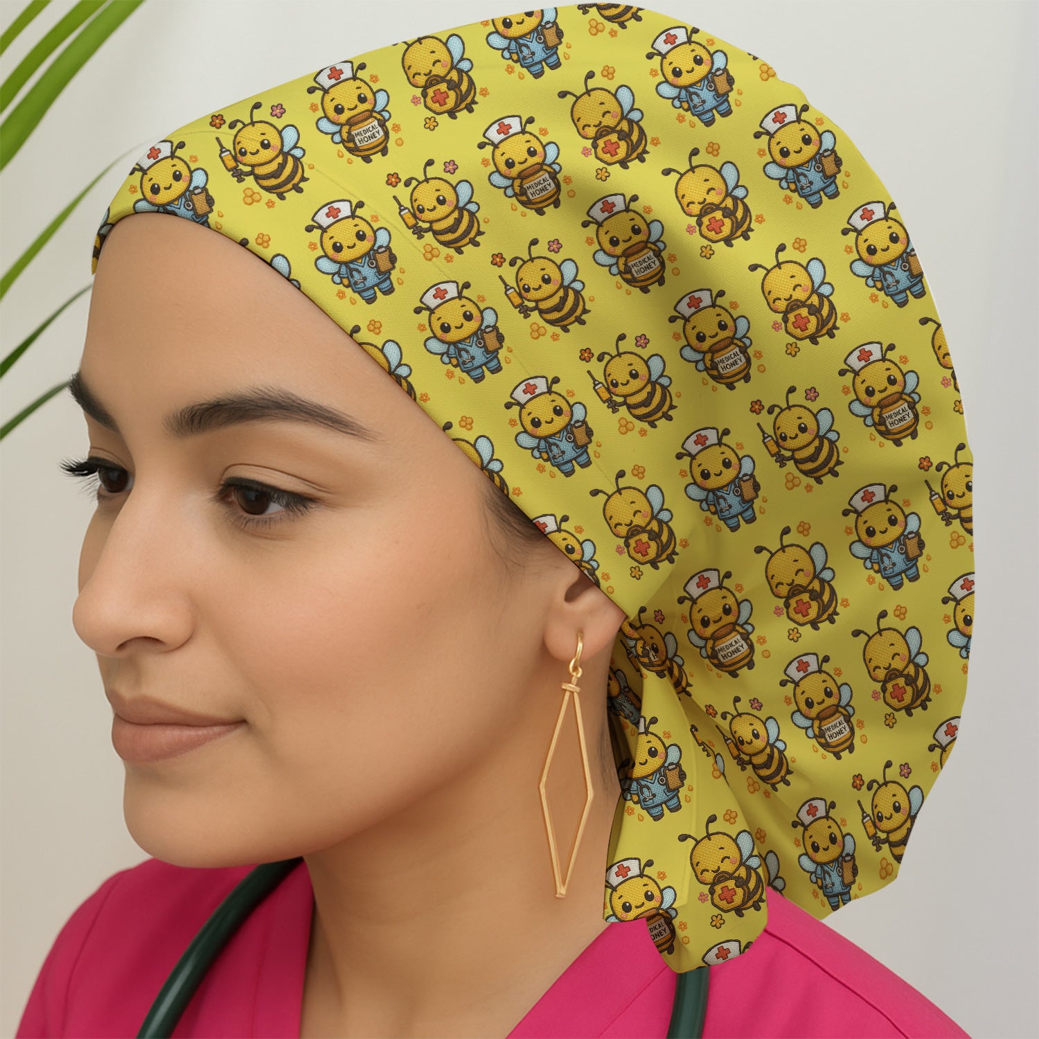 Cute Nurse Bee Scrub Cap, Kawaii Medical Honey Bee Pattern Cap for Nursing Professionals