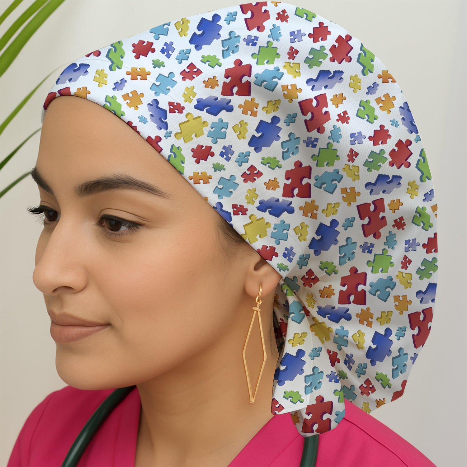 Colorful Scattered Puzzle Piece Pattern Cap, Bouffant Scrub Caps for Women