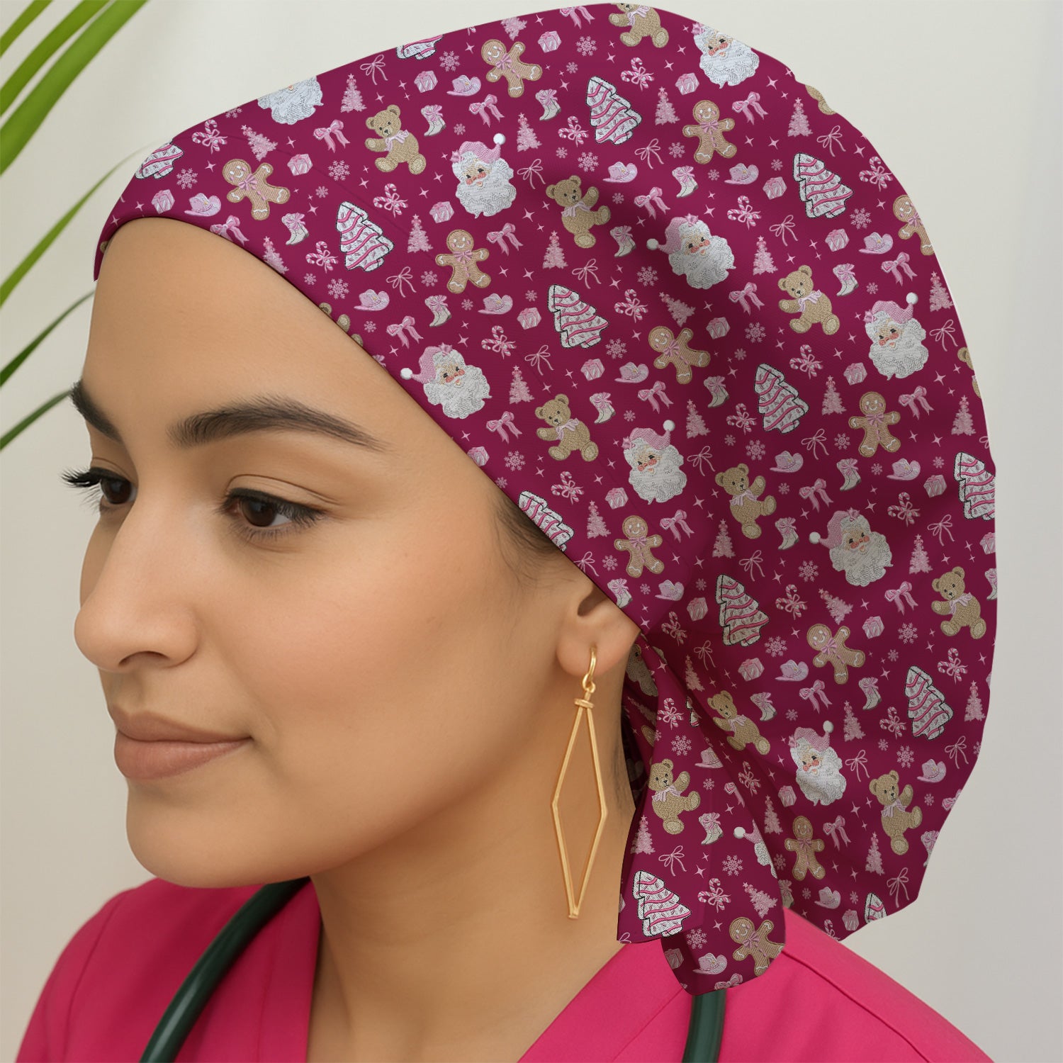 Pink Christmas Santa Gingerbread Scrub Cap, Cute Holiday Medical Pattern Hat, Breathable Fabrics Nursing Uniform