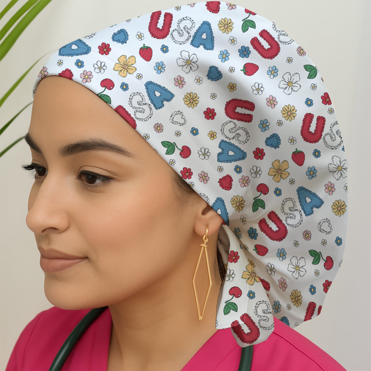 USA Cherry Strawberry Floral Patch Pattern Cap, Bouffant Scrub Caps for Women