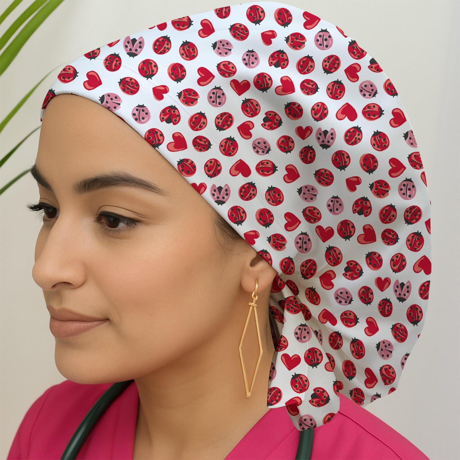 Cute Ladybug and Red Heart All Over Print Cap, Bouffant Scrub Caps for Women