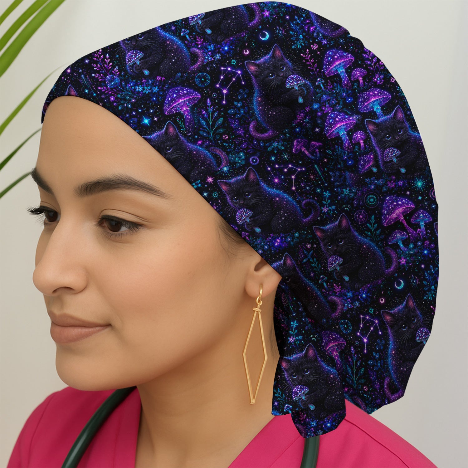 Neon Black Cat Mushroom Galaxy Pattern Scrub Cap, Surgical Caps for Doctors