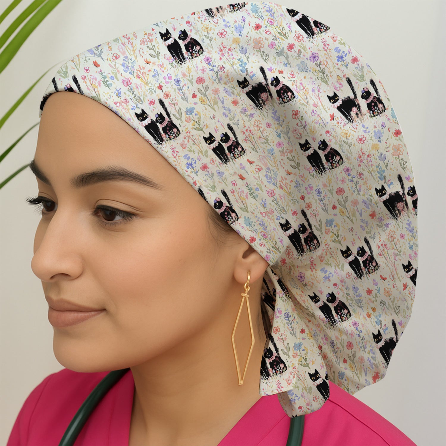 Cute Black Cats Wildflower Garden Pattern Nurse Scrub Cap, Surgical Caps for Doctors