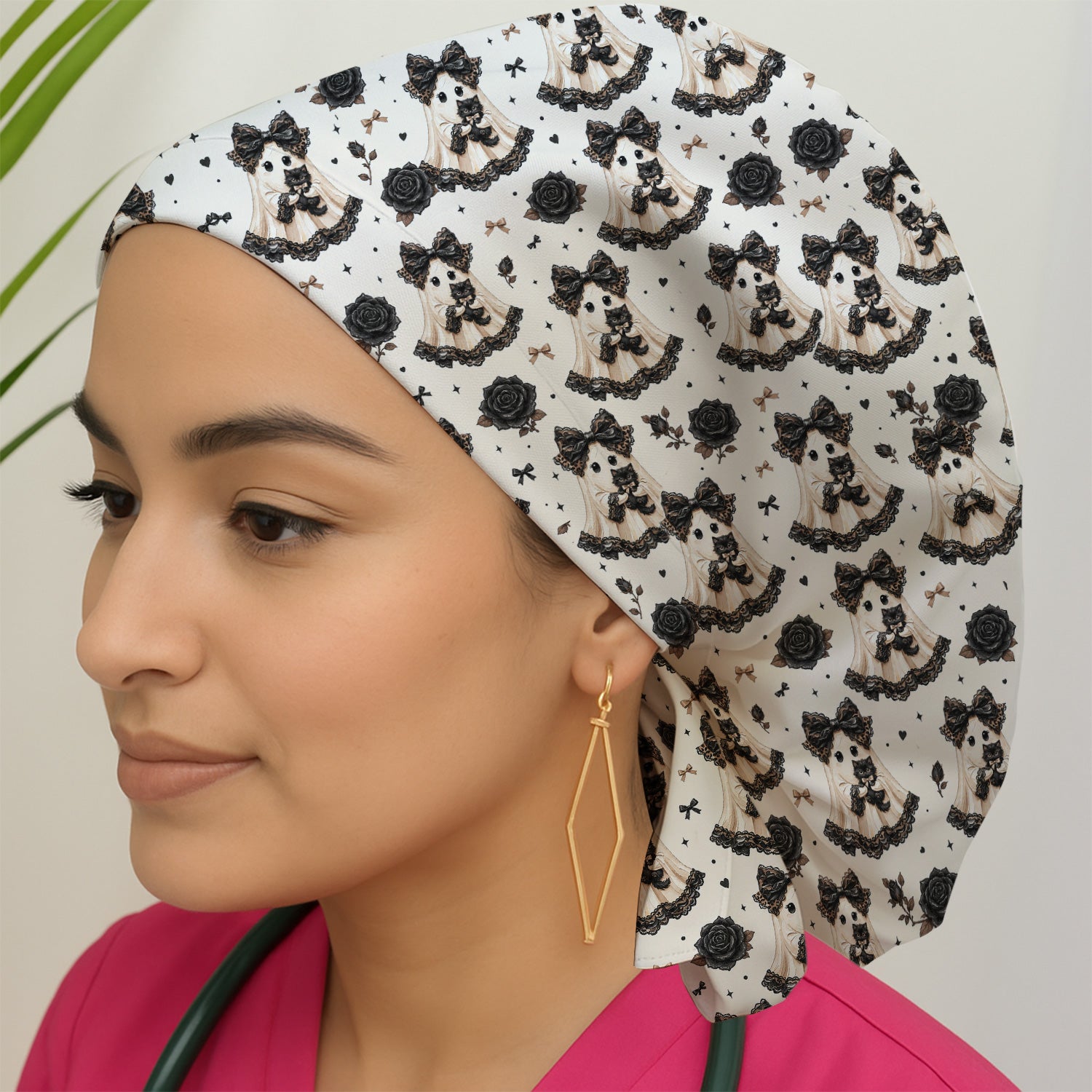 Halloween Ghost Black Cat Pattern Scrub Cap, Surgical Caps for Doctors