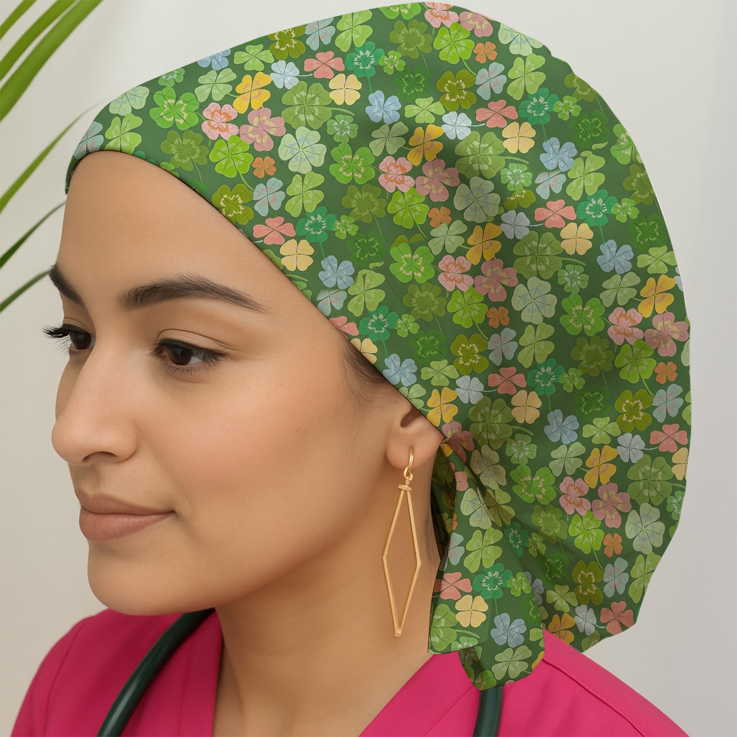 Colorful Shamrock Clover Pattern Caps, Bouffant Scrub Caps for Women