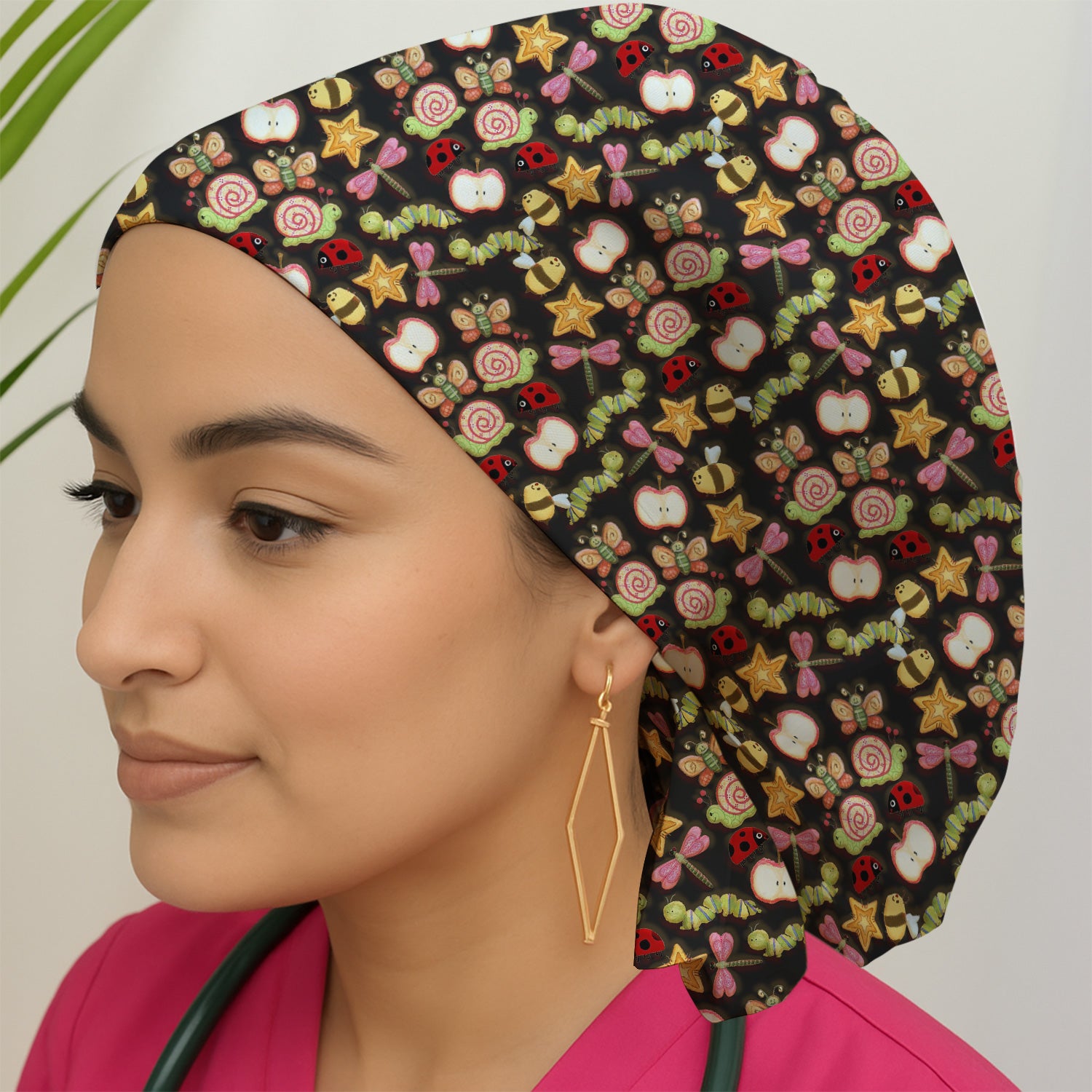 Cute Nurse Snail Ladybug Caterpillar Apple Garden Pattern Scrub Cap, Surgical Caps for Doctors