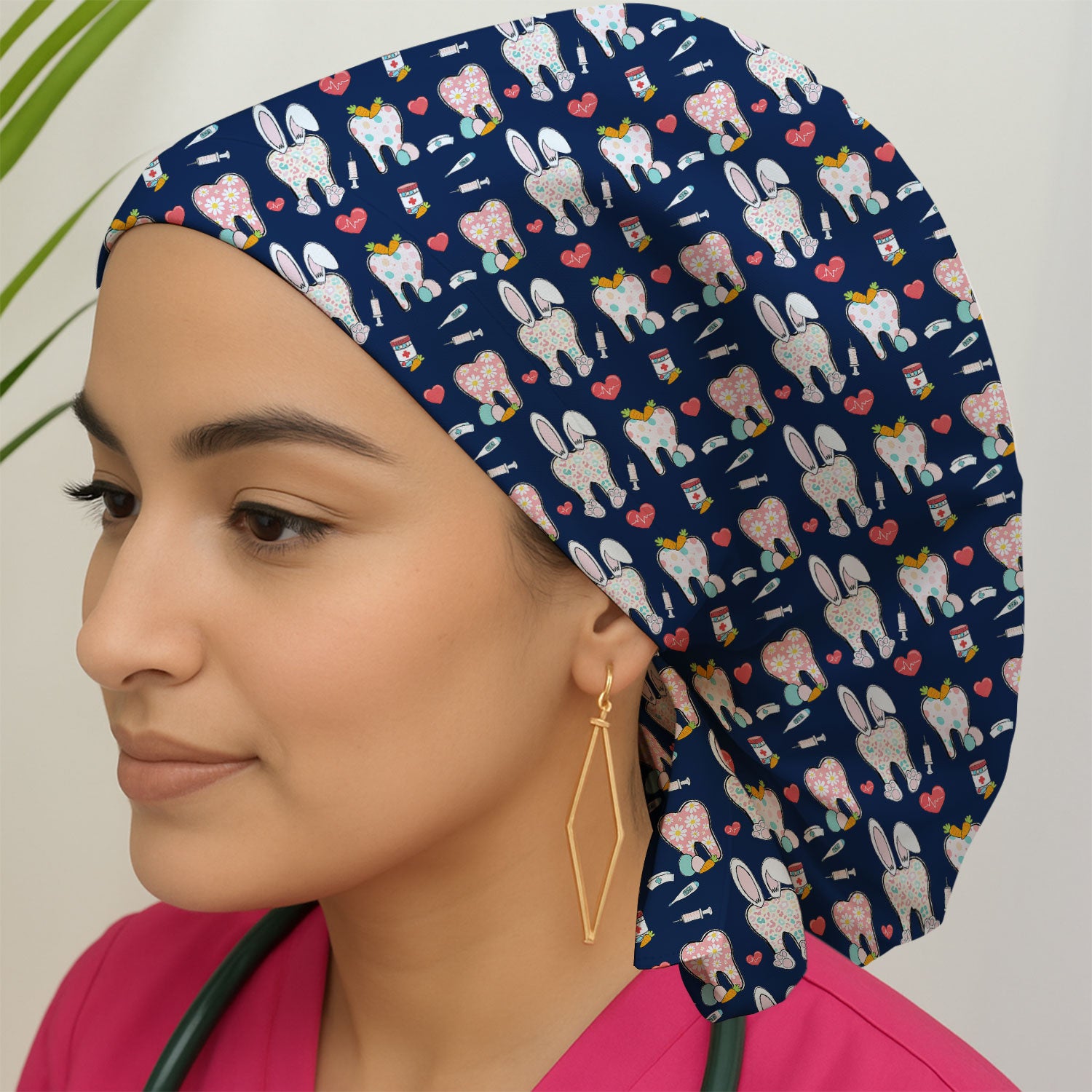 Playful Bunny Dentist Illustration Medical Cap, Bouffant Scrub Caps for Women