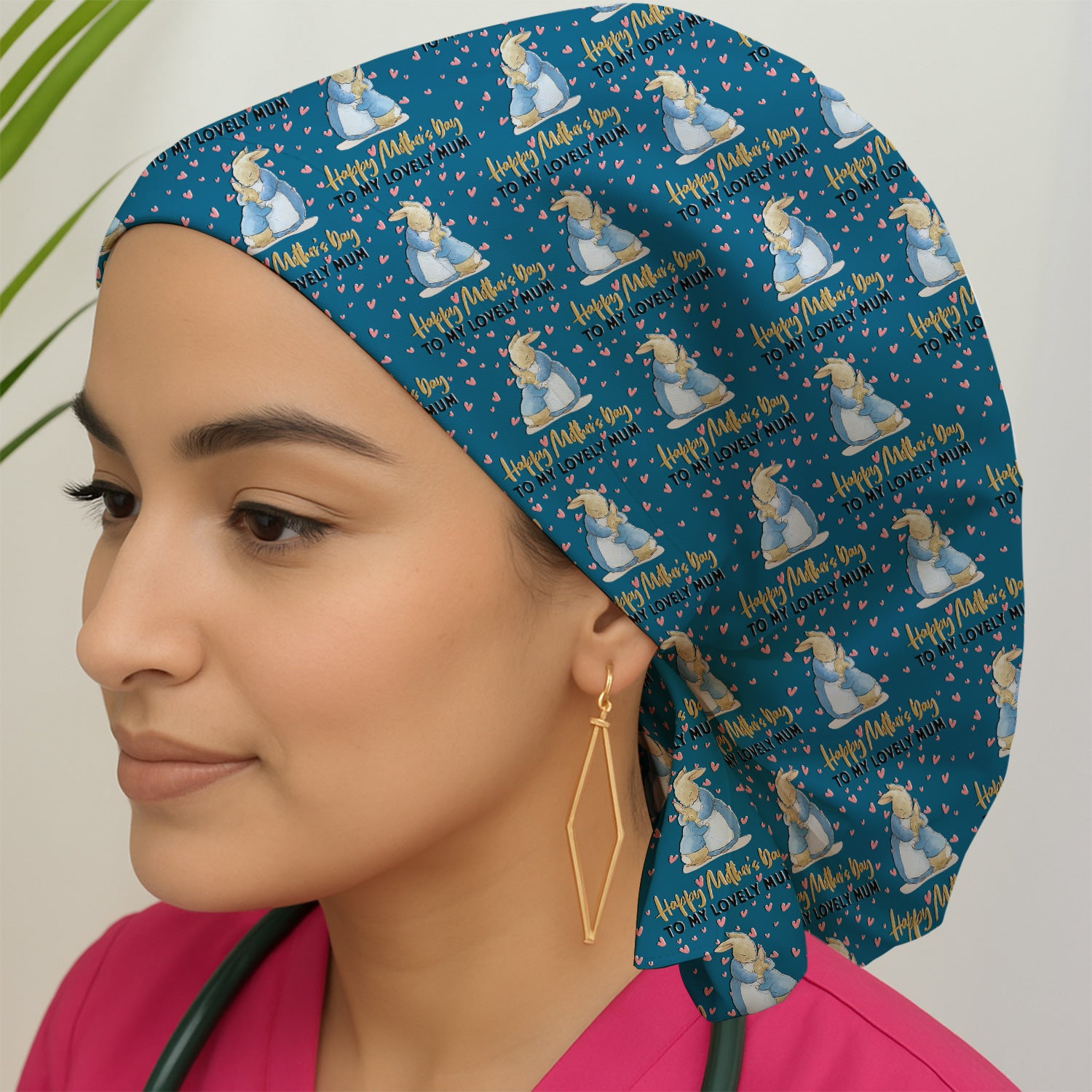 Happy Mothers Day Bunny Love Pattern Caps, Bouffant Scrub Caps for Women