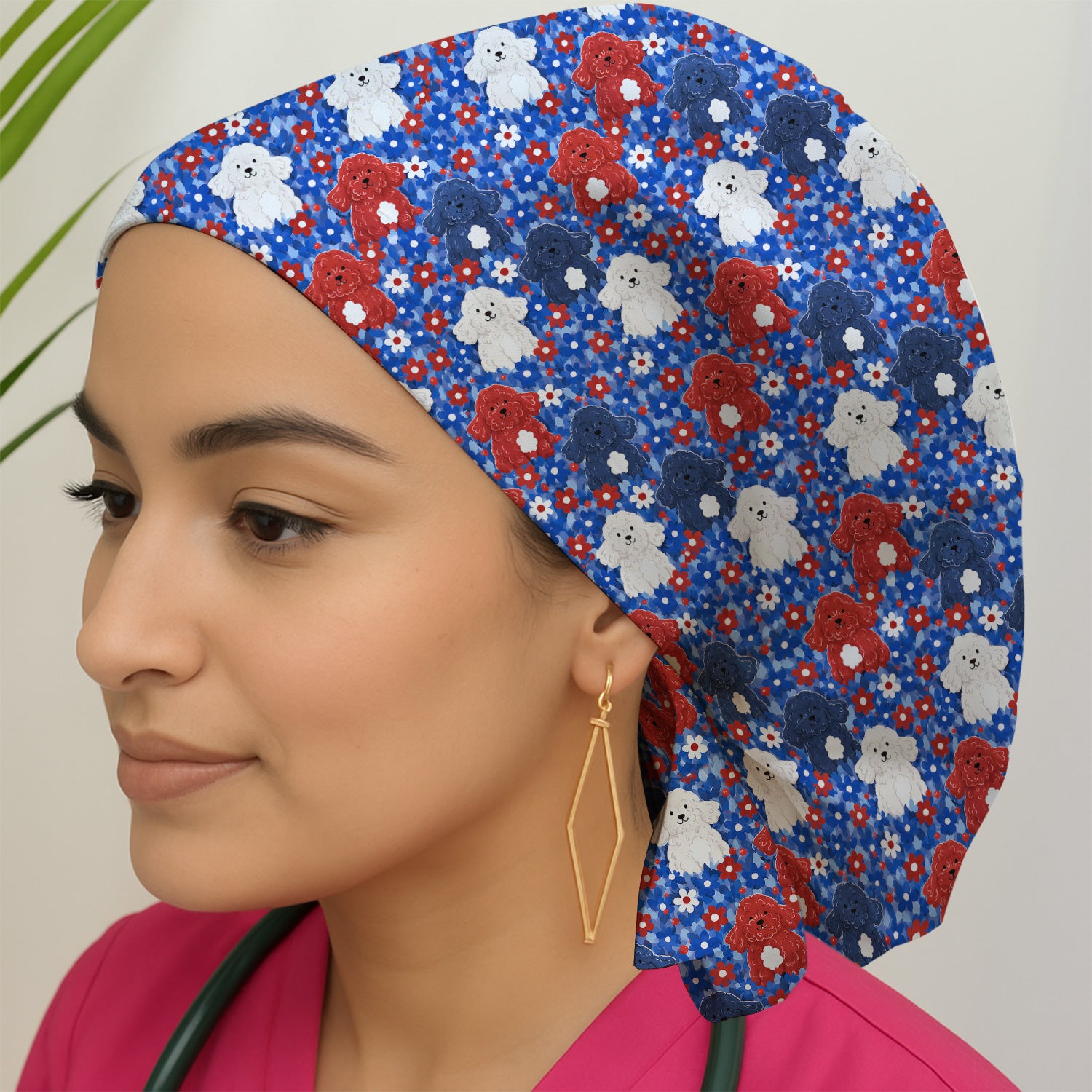 Cute Poodle Floral Garden Print Scrub Cap, Surgical Caps for Doctors