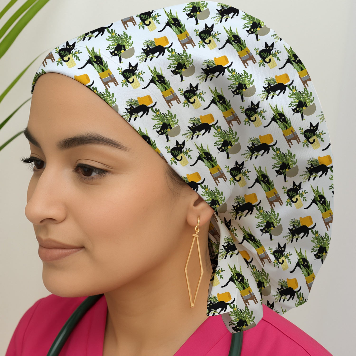 Black Cat Plant Pots Pattern Scrub Cap, Surgical Caps for Doctors