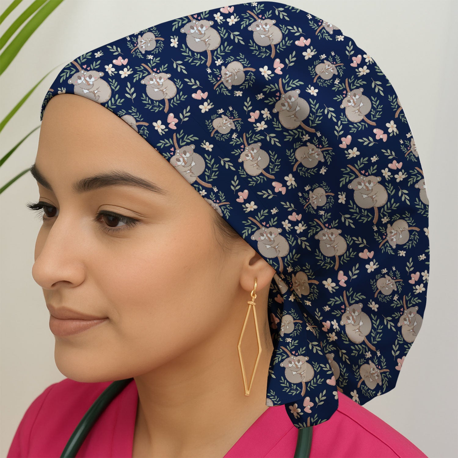 Cute Koala Love Floral Scrub Cap Pattern,  Bouffant Scrub Caps for Women