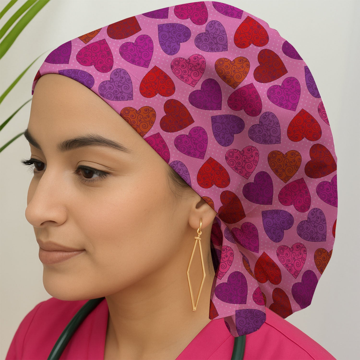 Women’s Pink Heart Scrub Cap, Valentine Heart Pattern Nurse Hat, Comfortable Scrubs For Nursing