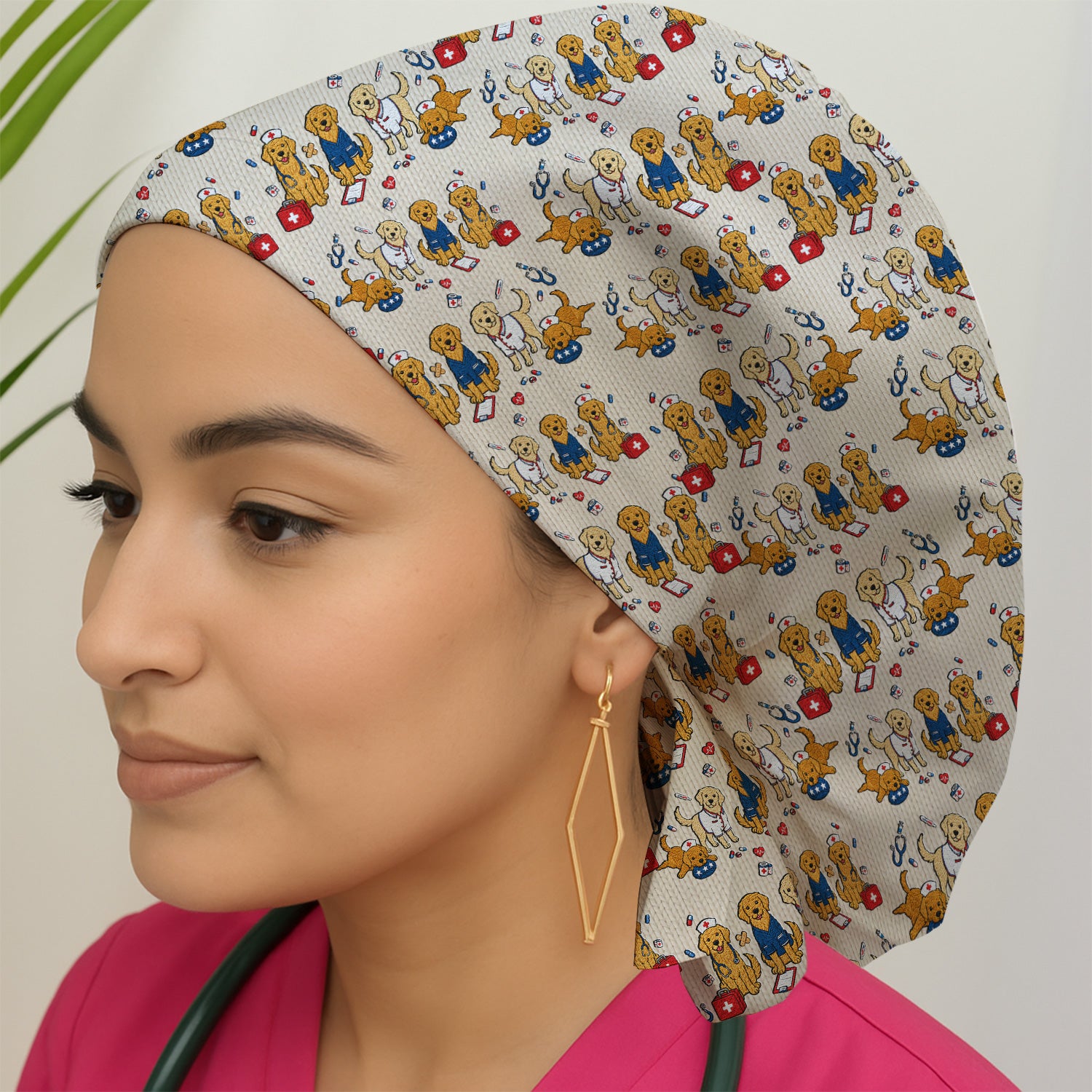 Golden Retriever Nurse Dog Pattern Scrub Top, Breathable Fabrics Nursing Uniform Scrub Cap, Surgical Caps for Doctors