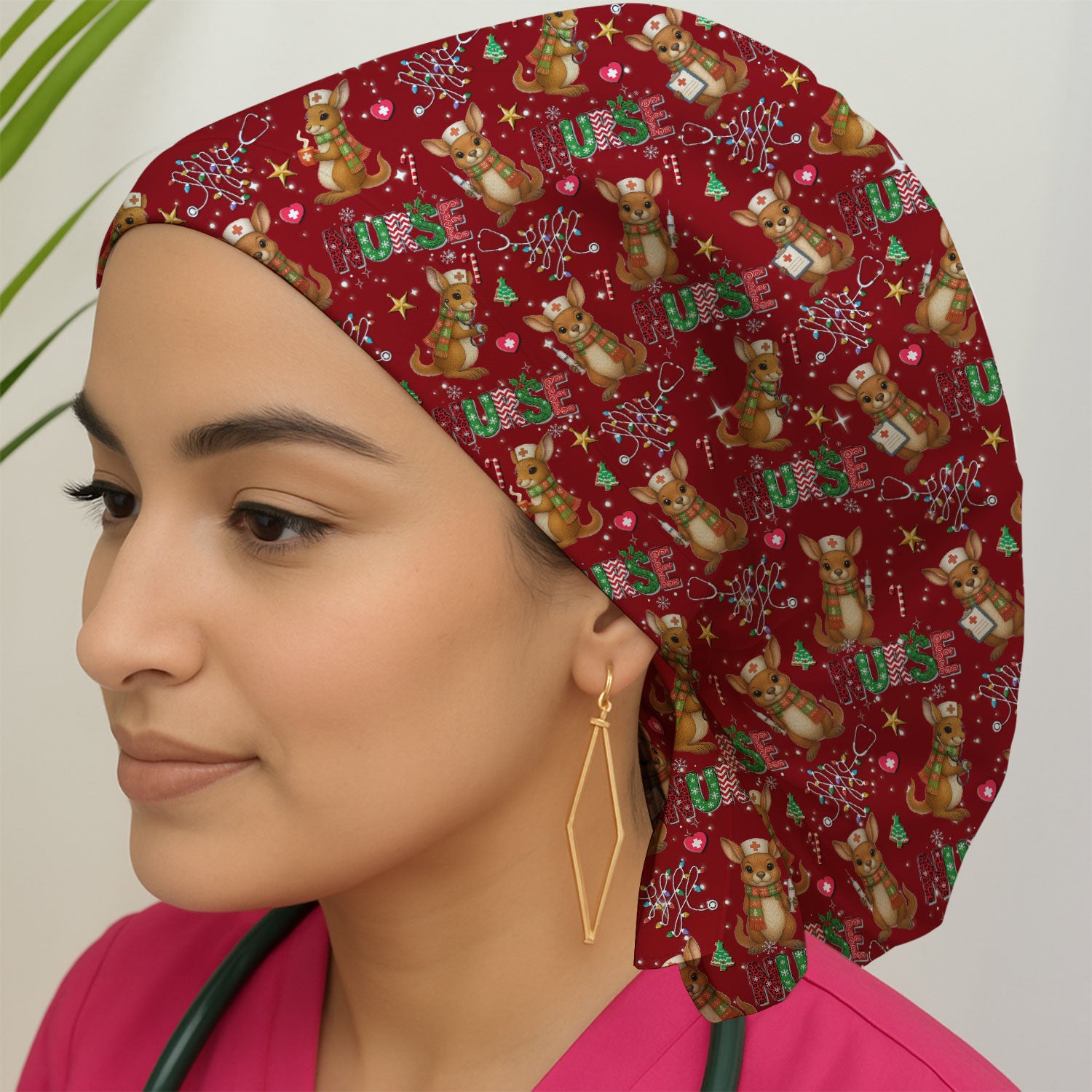 Aussie Kangaroo Christm Bouffant Scrub Caps for Women - Funny Holiday Nursing Gift - Breathable Fabrics Caps Uniform