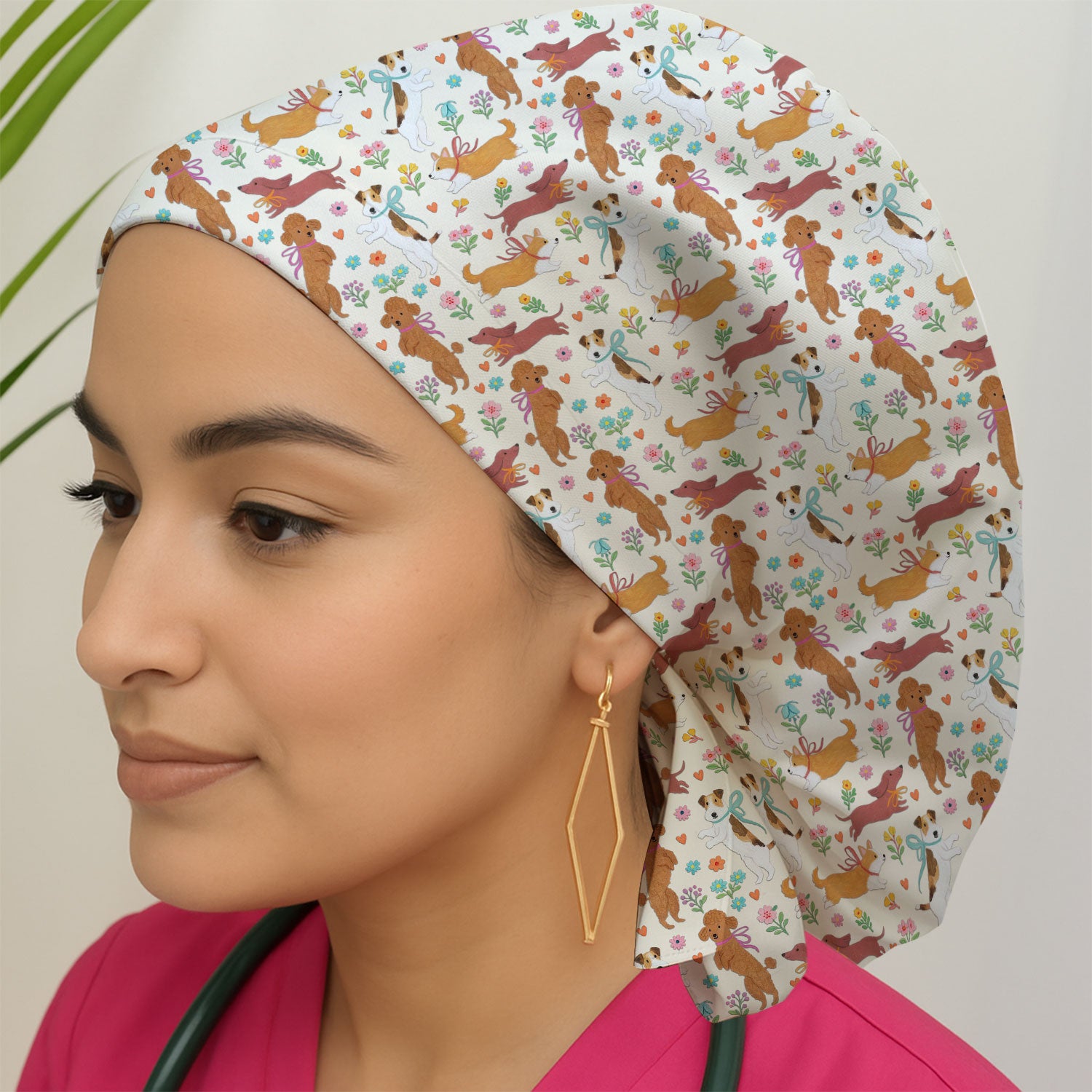 Cute Cartoon Dog Print Scrub Cap, Bouffant Scrub Caps for Women