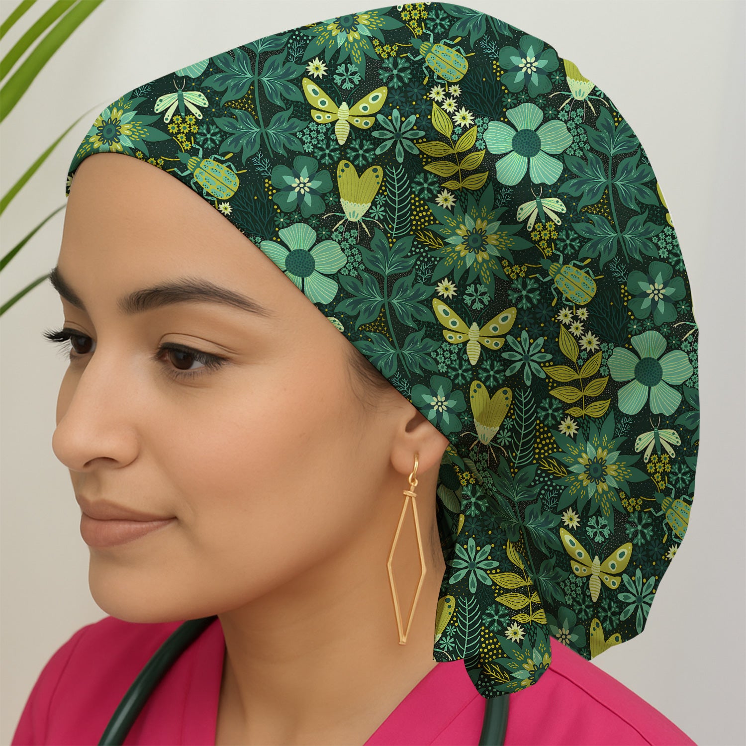 Green Botanical Butterfly Pattern Scrub Cap, Surgical Caps for Doctors