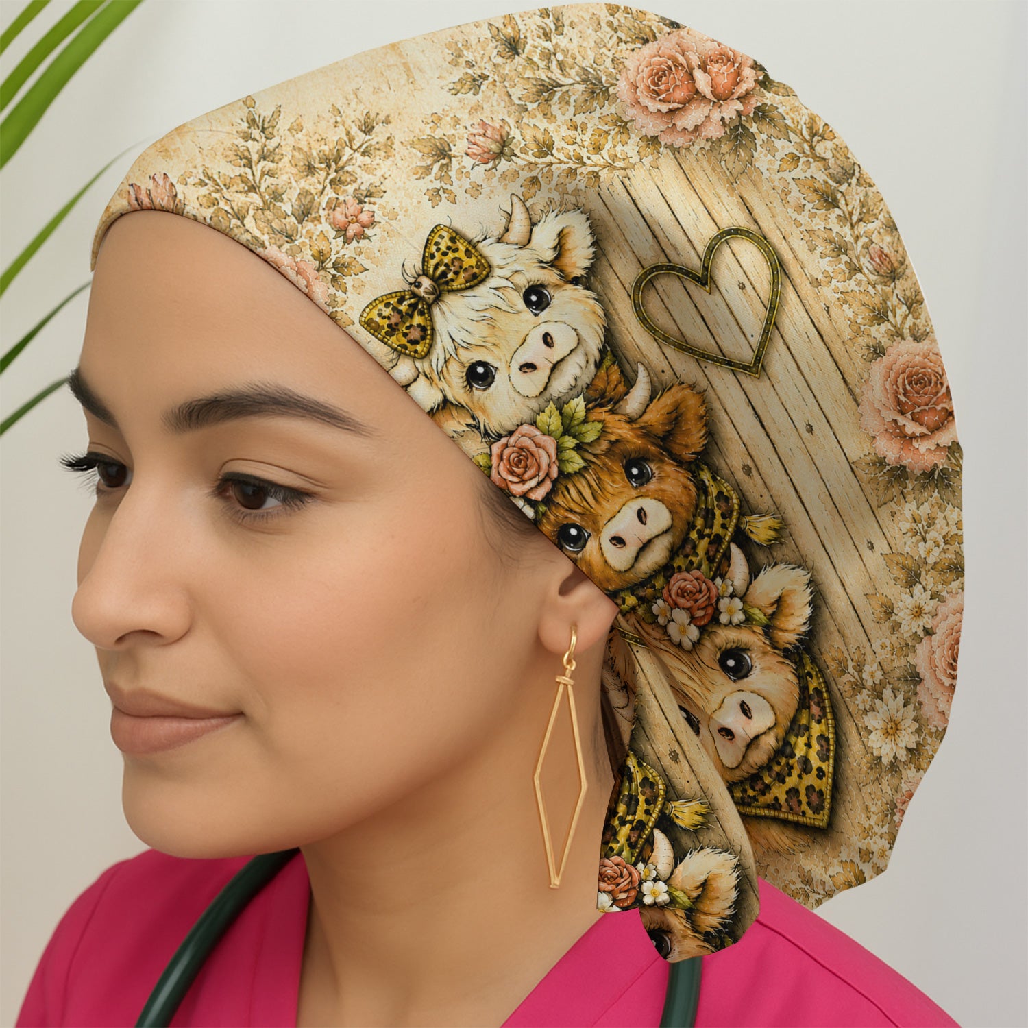 Highland Cow with Floral Farmhouse Scrub Cap, Surgical Caps for Doctors