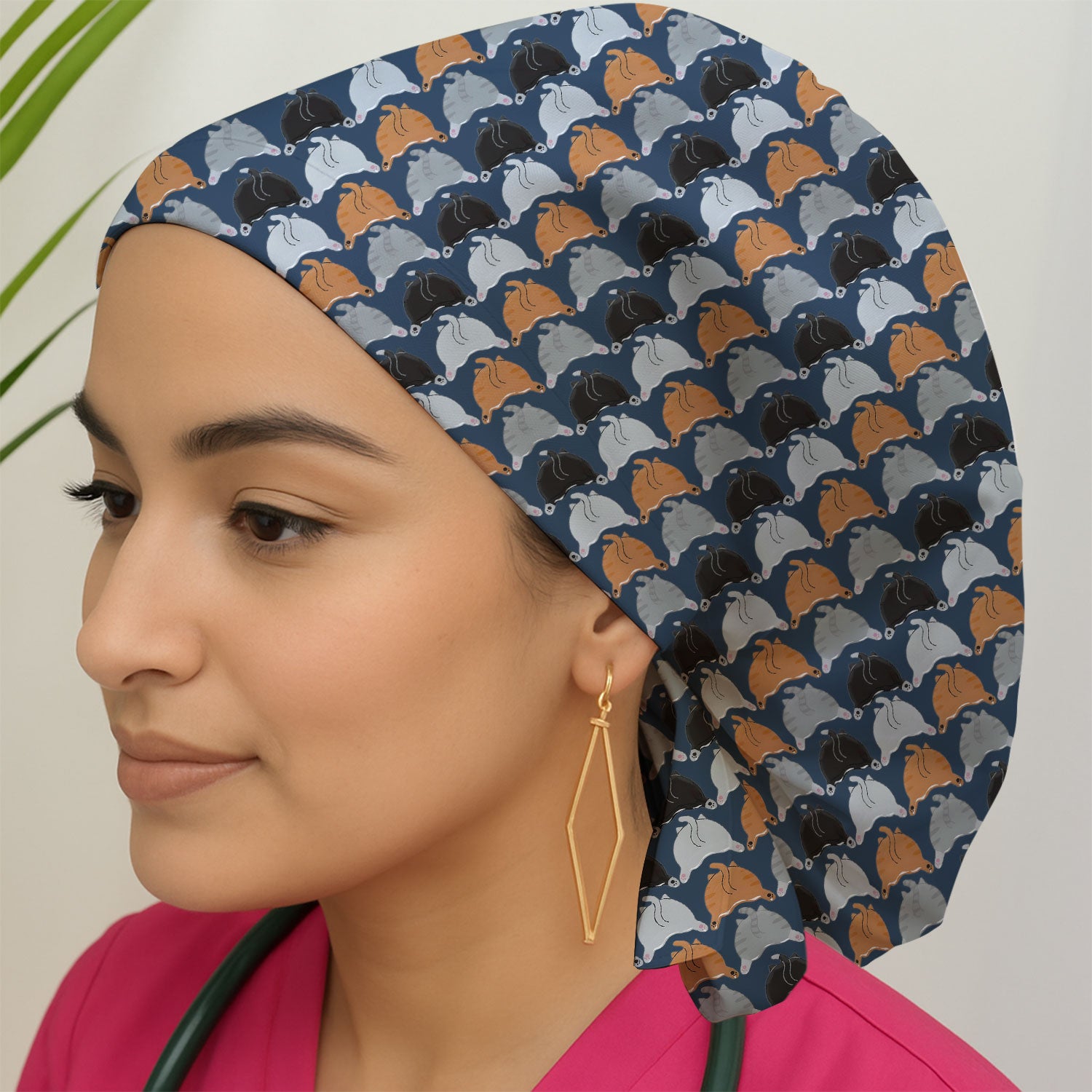 Playful Multicolor Cat Print Scrub Cap, Breathable Fabrics Caps Uniform