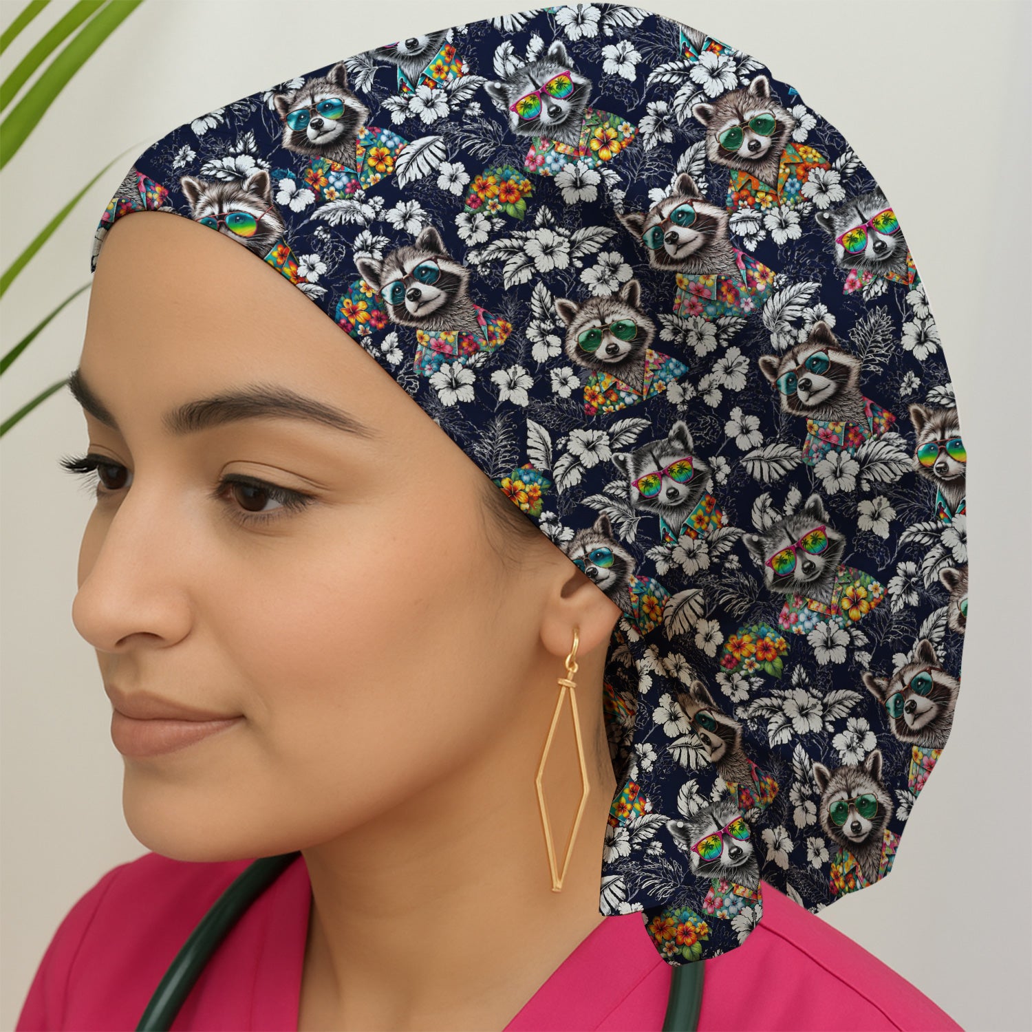 Tropical Raccoon Floral Pattern Scrub Cap, Surgical Caps for Doctors