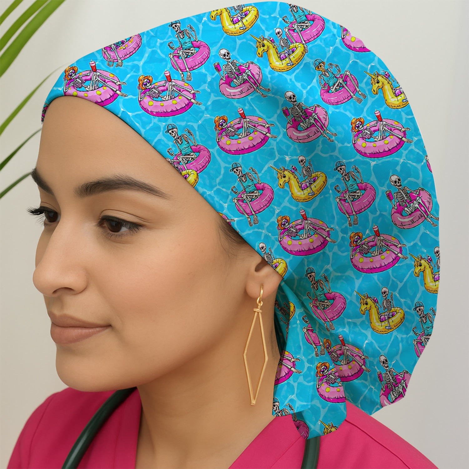 Summerween Skeleton with Pool Float Print Scrub Cap, Surgical Caps for Doctors