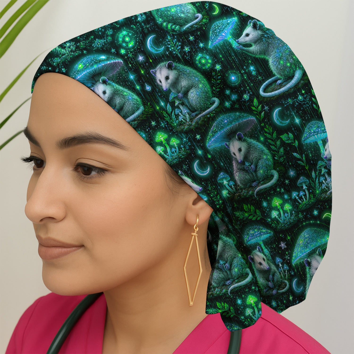Moonlit Opossum Mushroom Pattern Scrub Cap, Surgical Caps for Doctors