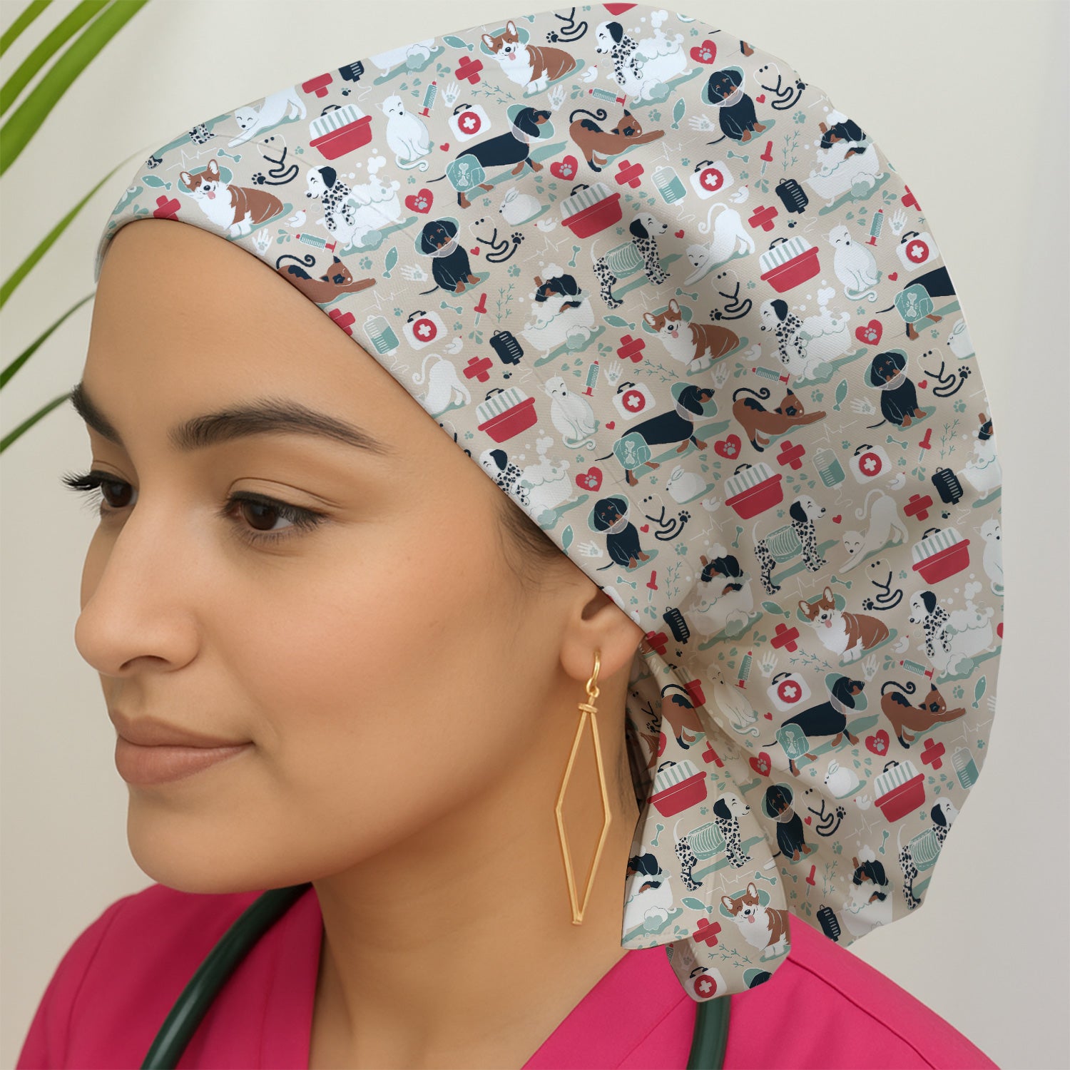 Dogs With Veterinary Tools And Paw Print Scrub Cap, Surgical Caps for Doctors