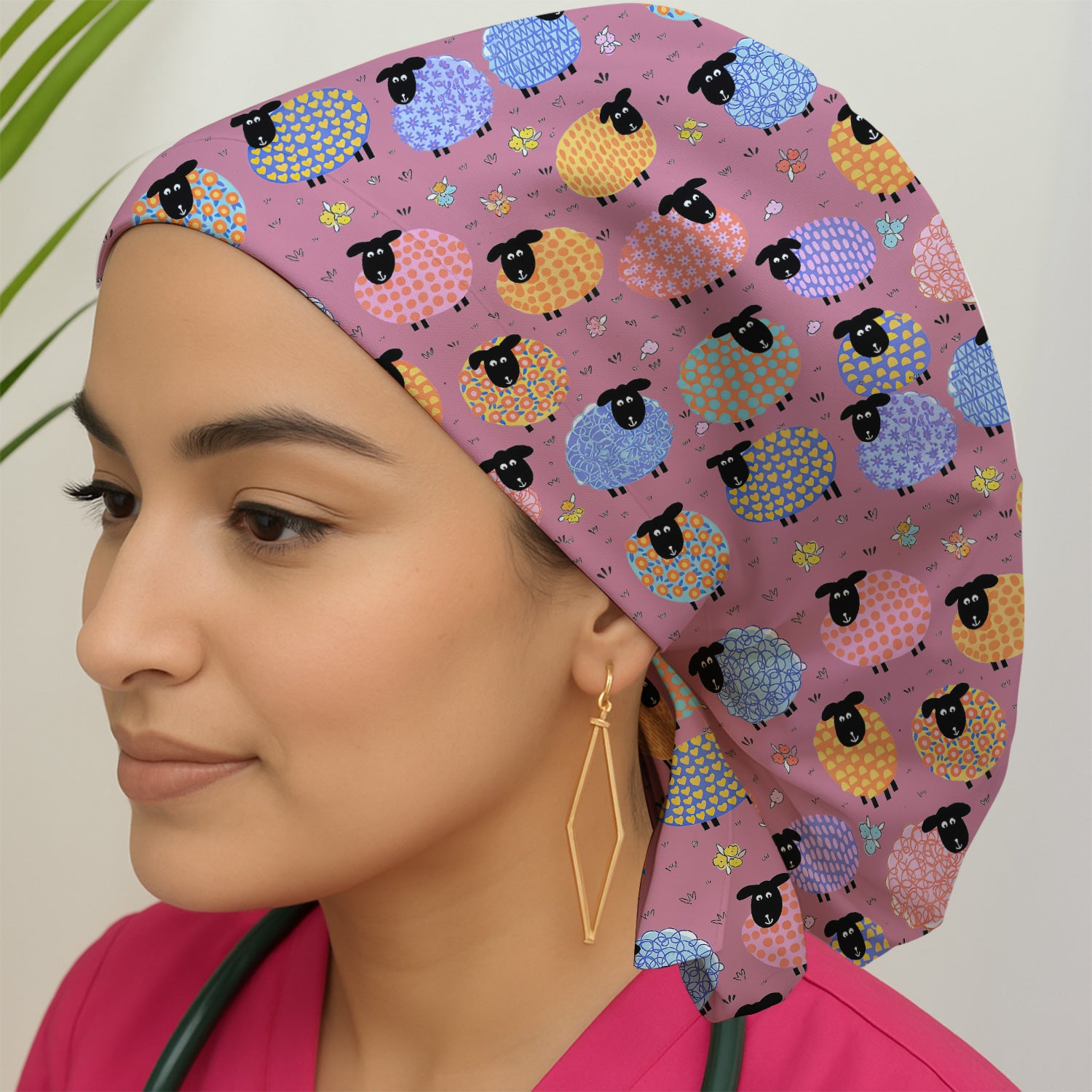 Funny Colorful Sheep Pattern Cap, Bouffant Scrub Caps for Women