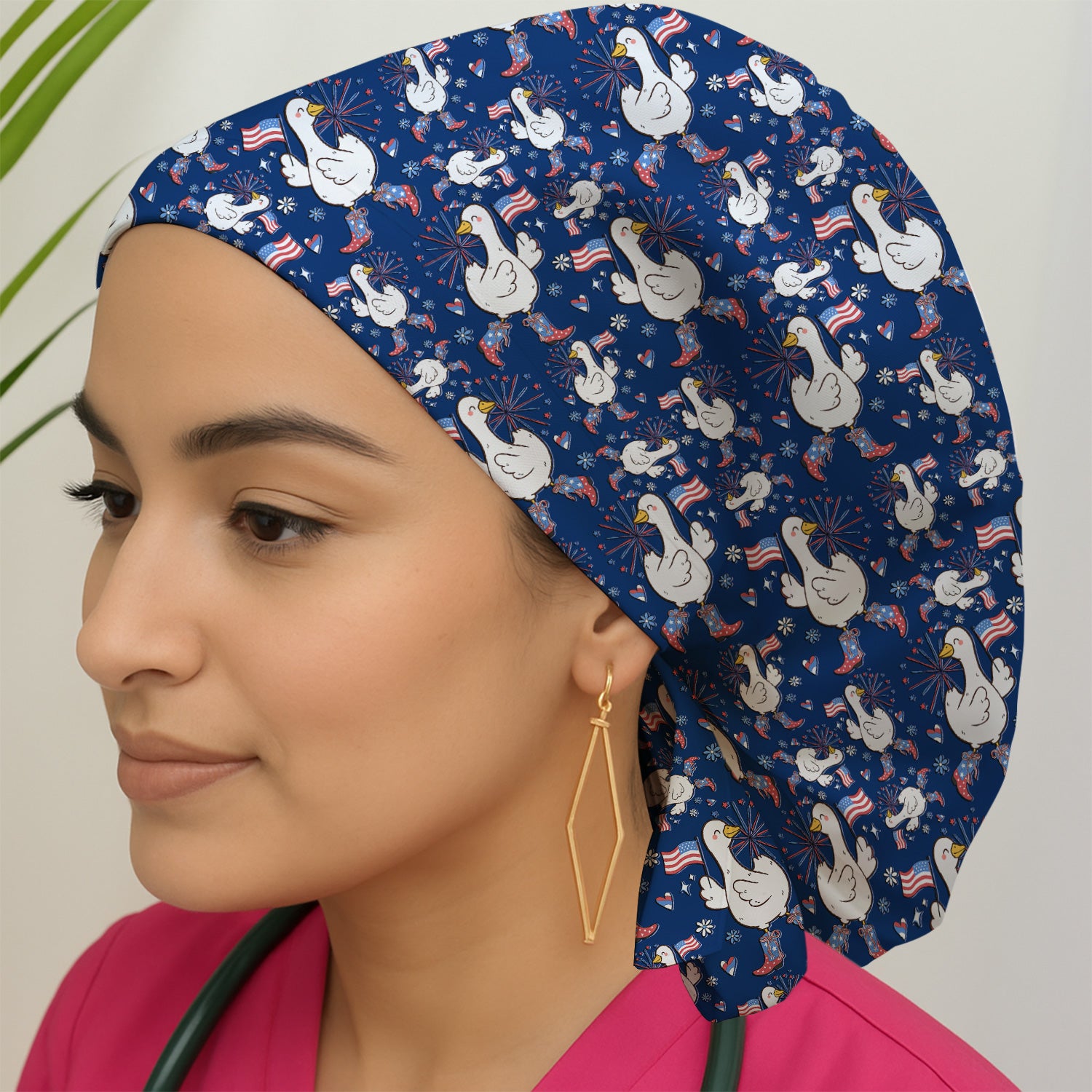 Patriotic Goose With USA Flag Fireworks Scrub Cap, Surgical Caps for Doctors