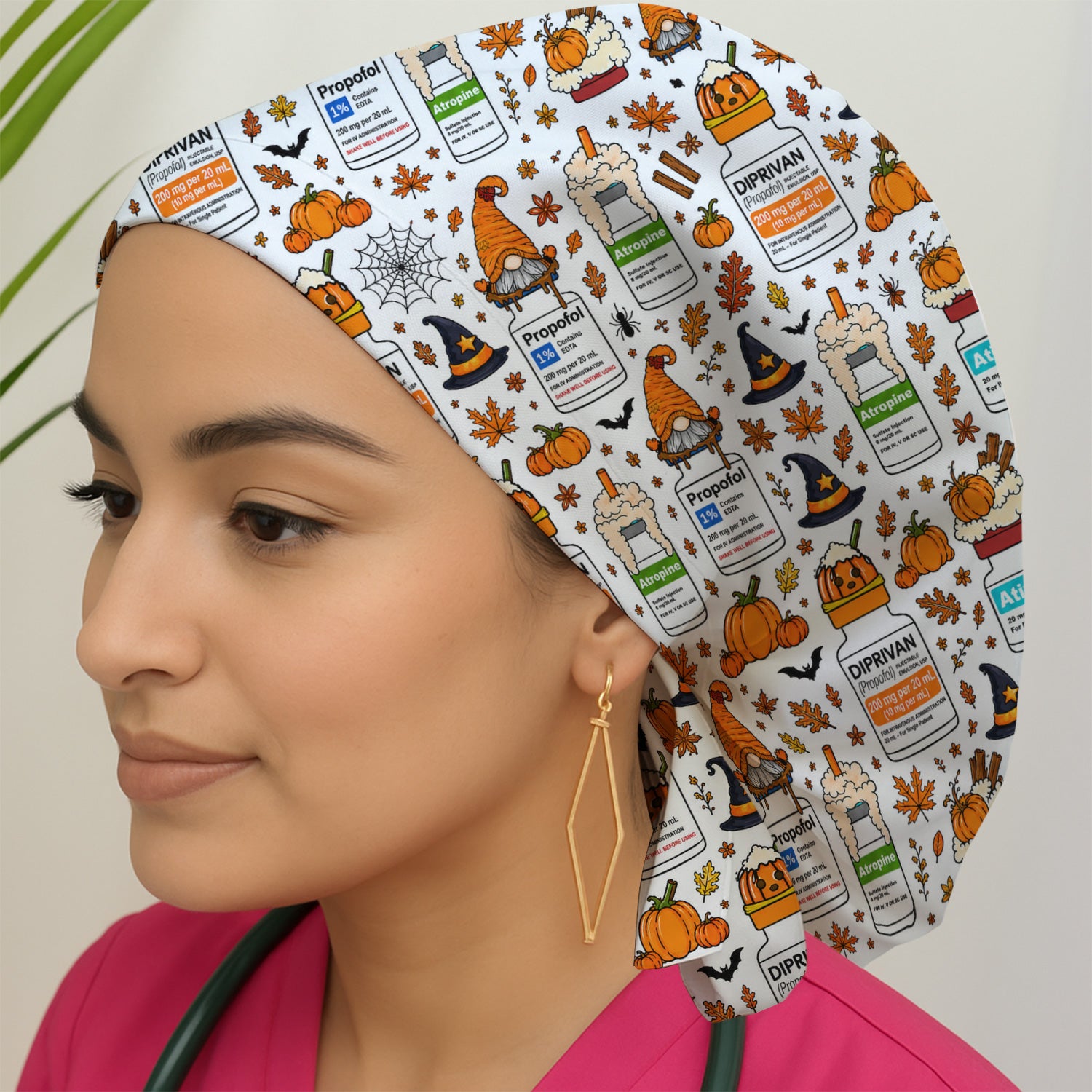 Funny Witch Hat & Pumpkin Print Scrub Cap, Surgical Caps for Doctors