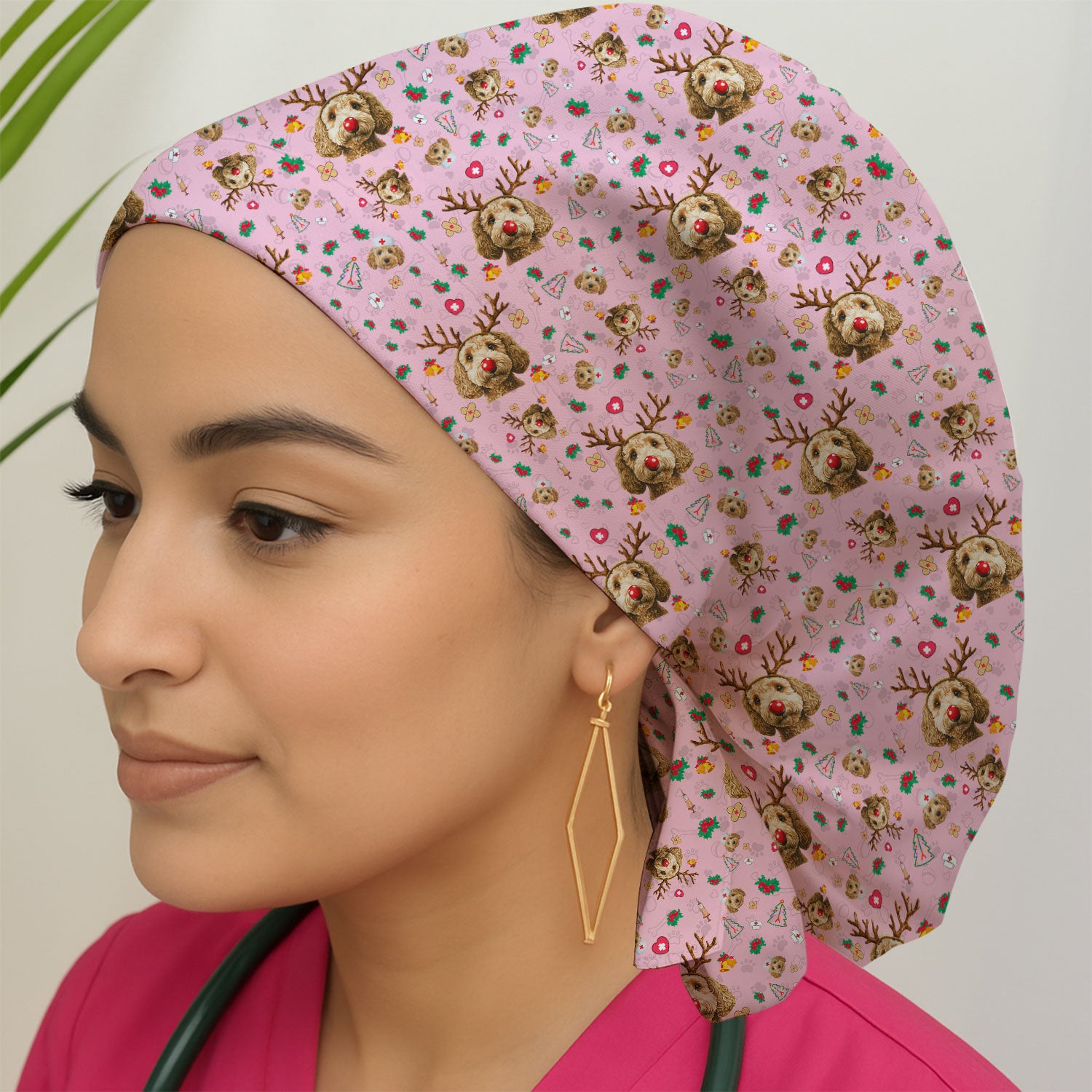 Christmas Labradoodle Bouffant Scrub Caps for Women - Funny Reindeer Dog Cap