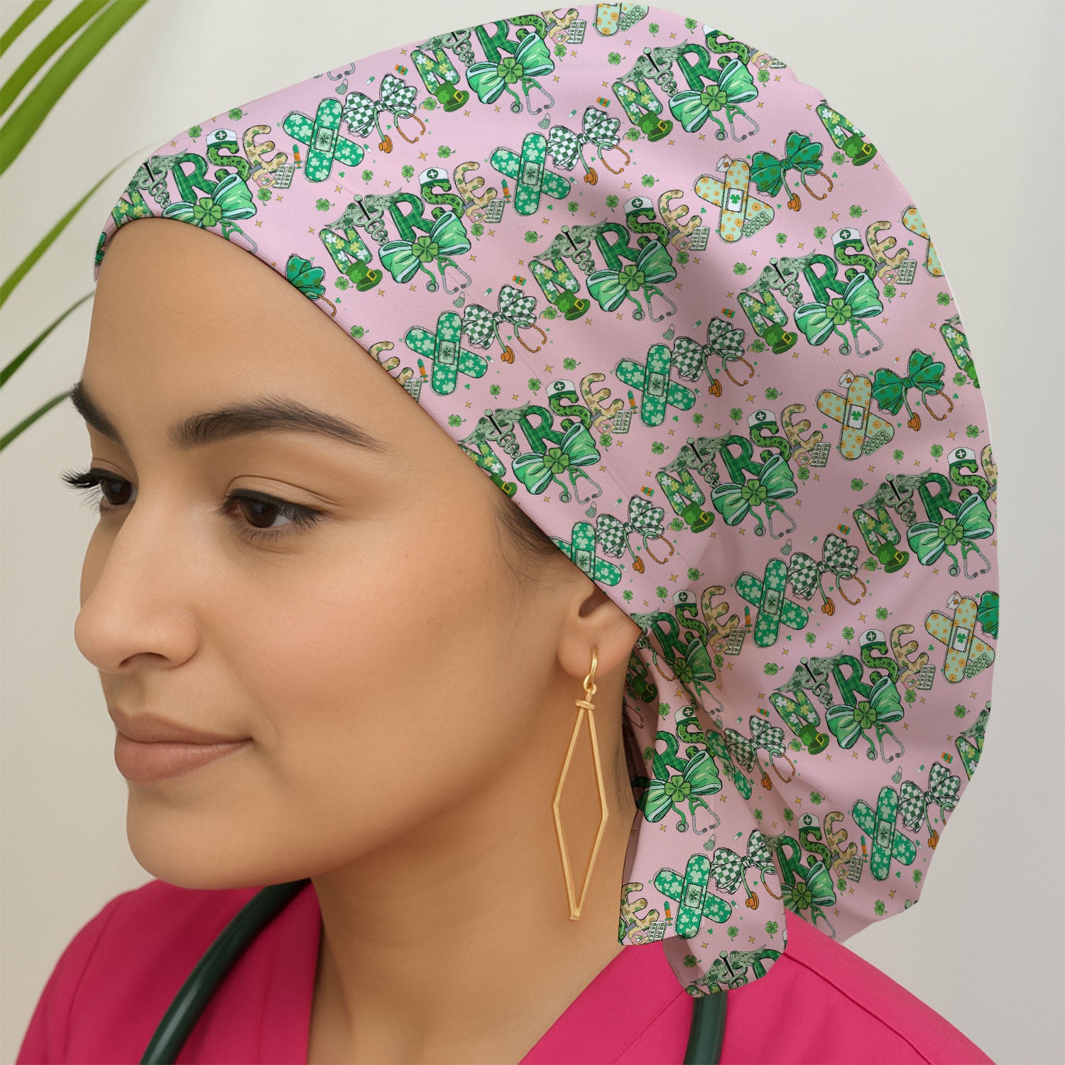 St. Patrick’s Nurse Scrub Cap, Lucky Clover And Green Bow Pattern Nurse Hat, Breathable Fabrics Nursing Uniform