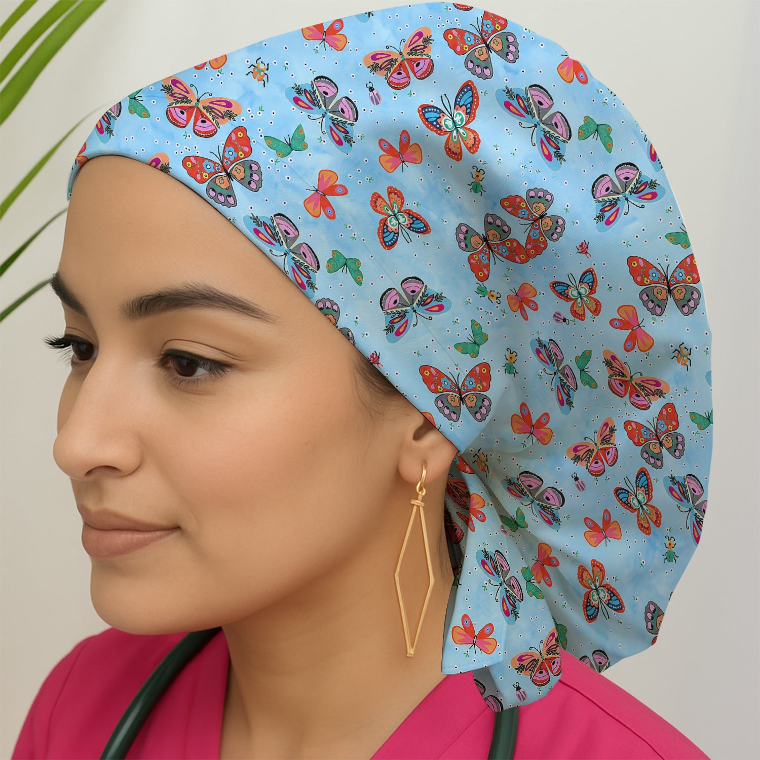 Colorful Butterfly Garden Pattern Cap, Bouffant Scrub Caps for Women