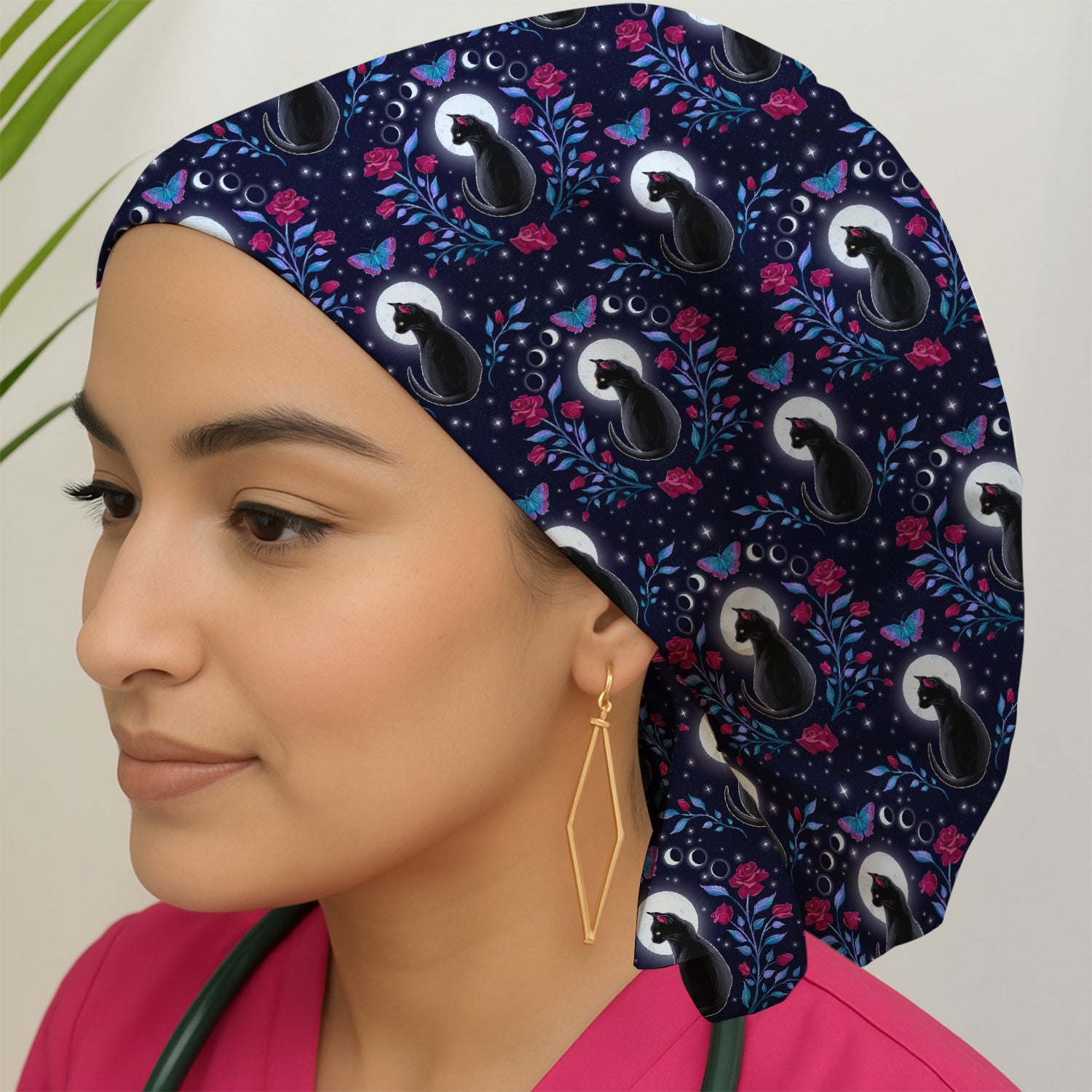 Black Cat Moon Rose Print Scrub Cap, Surgical Caps for Doctors