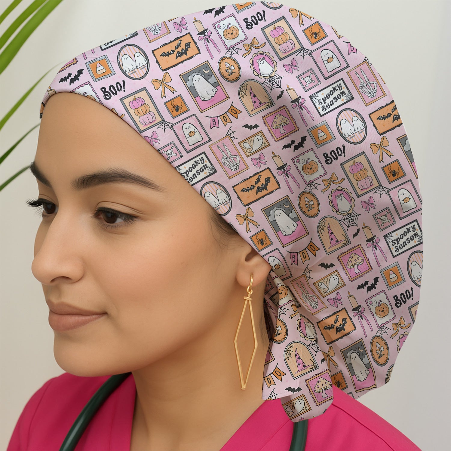 Pink Halloween Ghost Gallery Print Scrub Cap, Surgical Caps for Doctors