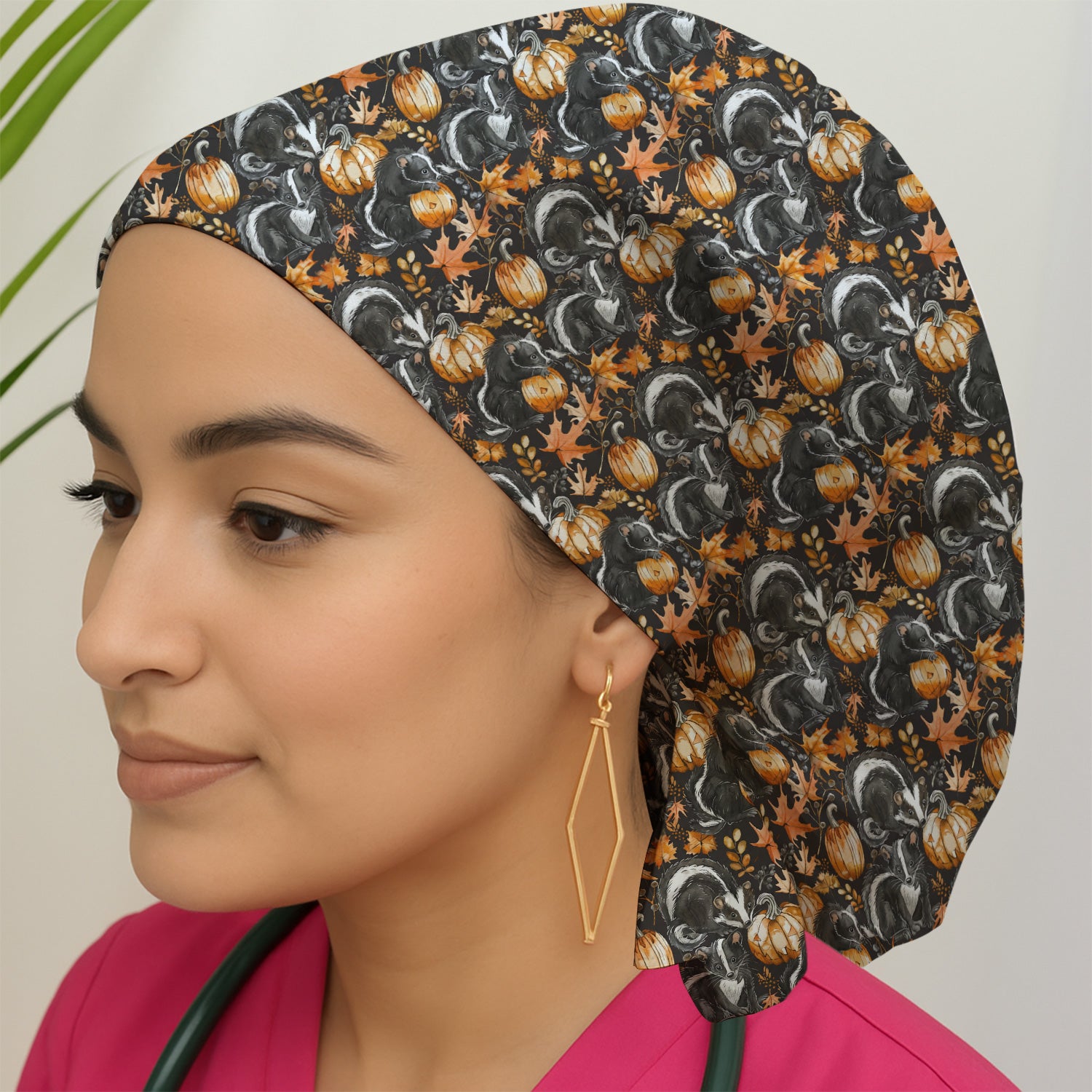 Skunk Pumpkin with Autumn Leaves Pattern Scrub Cap, Surgical Caps for Doctors