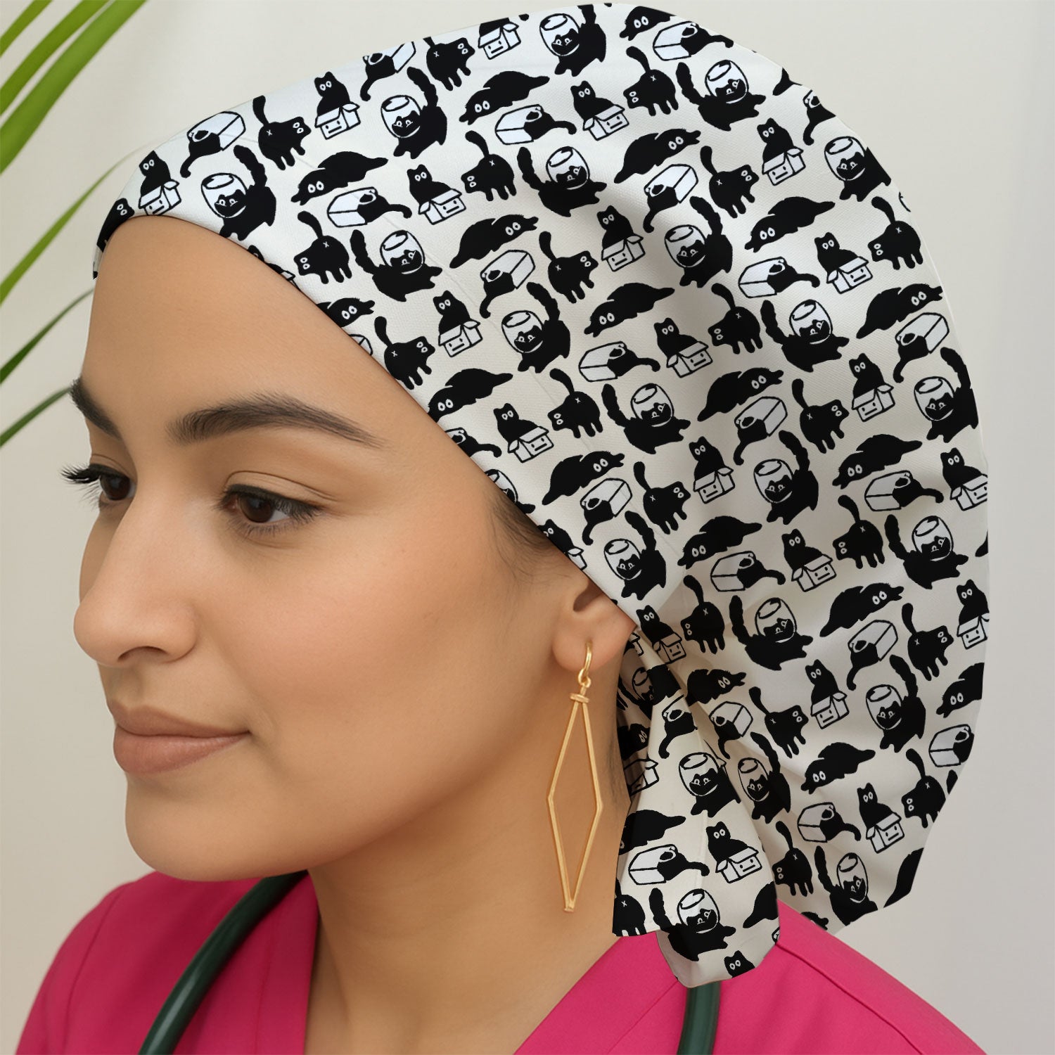 Dark Playful Cat Cartoon Pattern Cap, Bouffant Scrub Caps for Women
