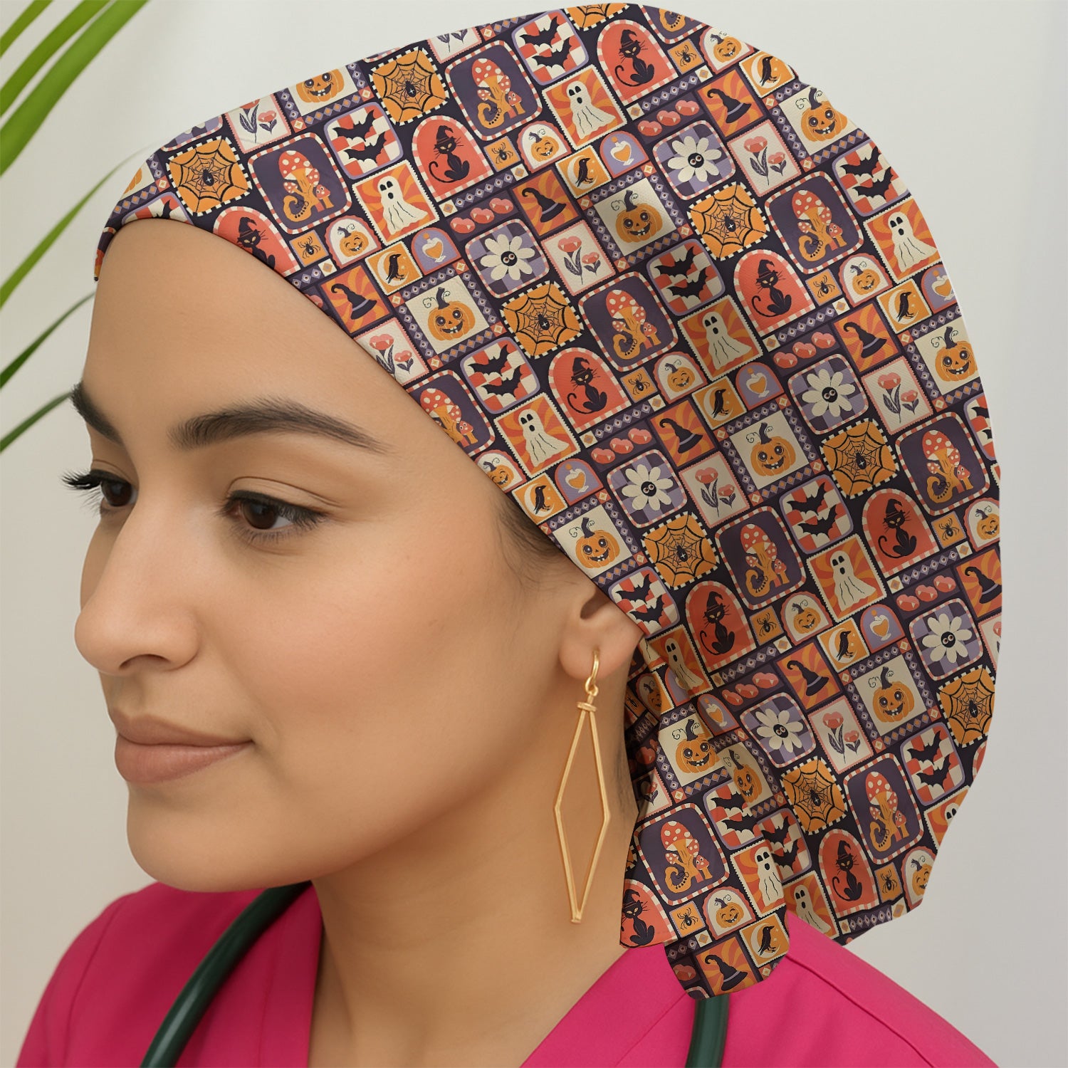 Retro Halloween Patchwork Icons Scrub Cap, Surgical Caps for Doctors